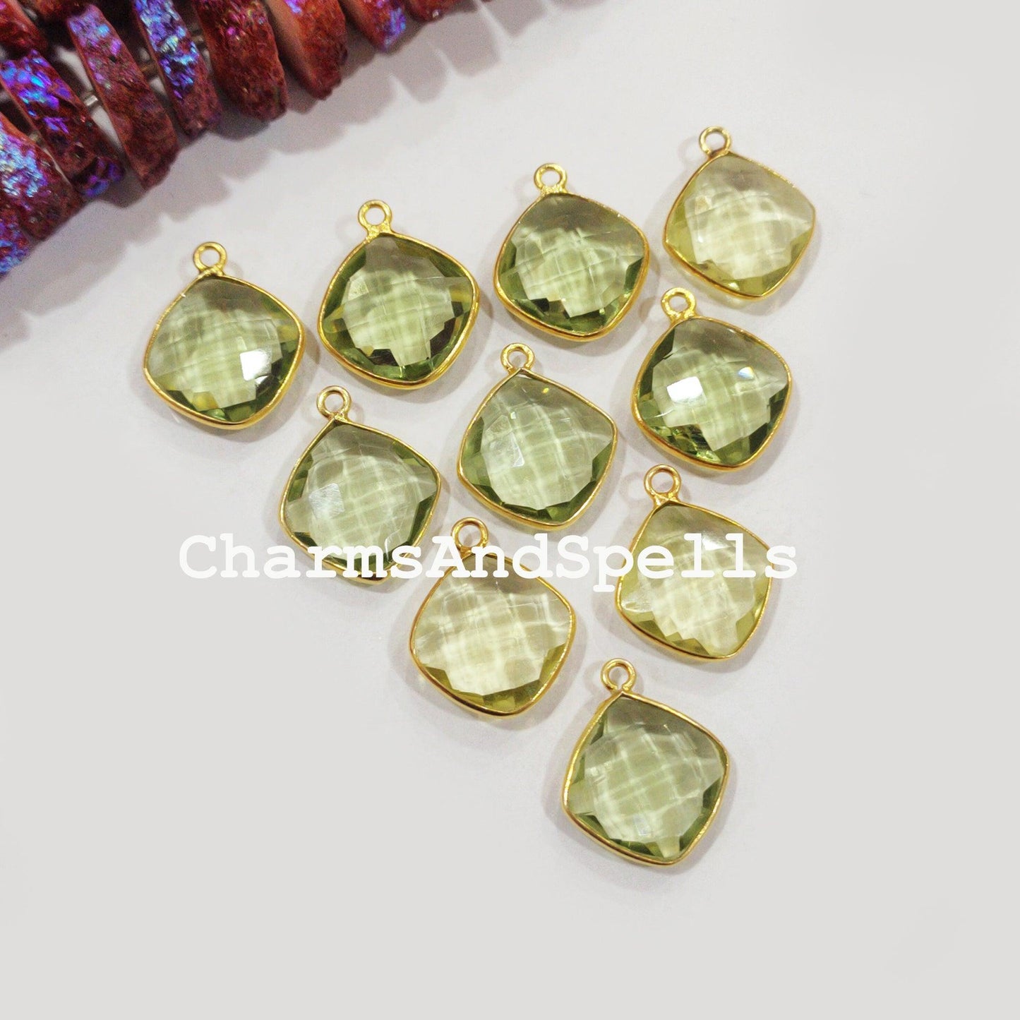 Green Amethyst Quartz Cushion Gold Plated Bezel Connectors, Green Amethyst Gemstone Connector - Charms And Spells