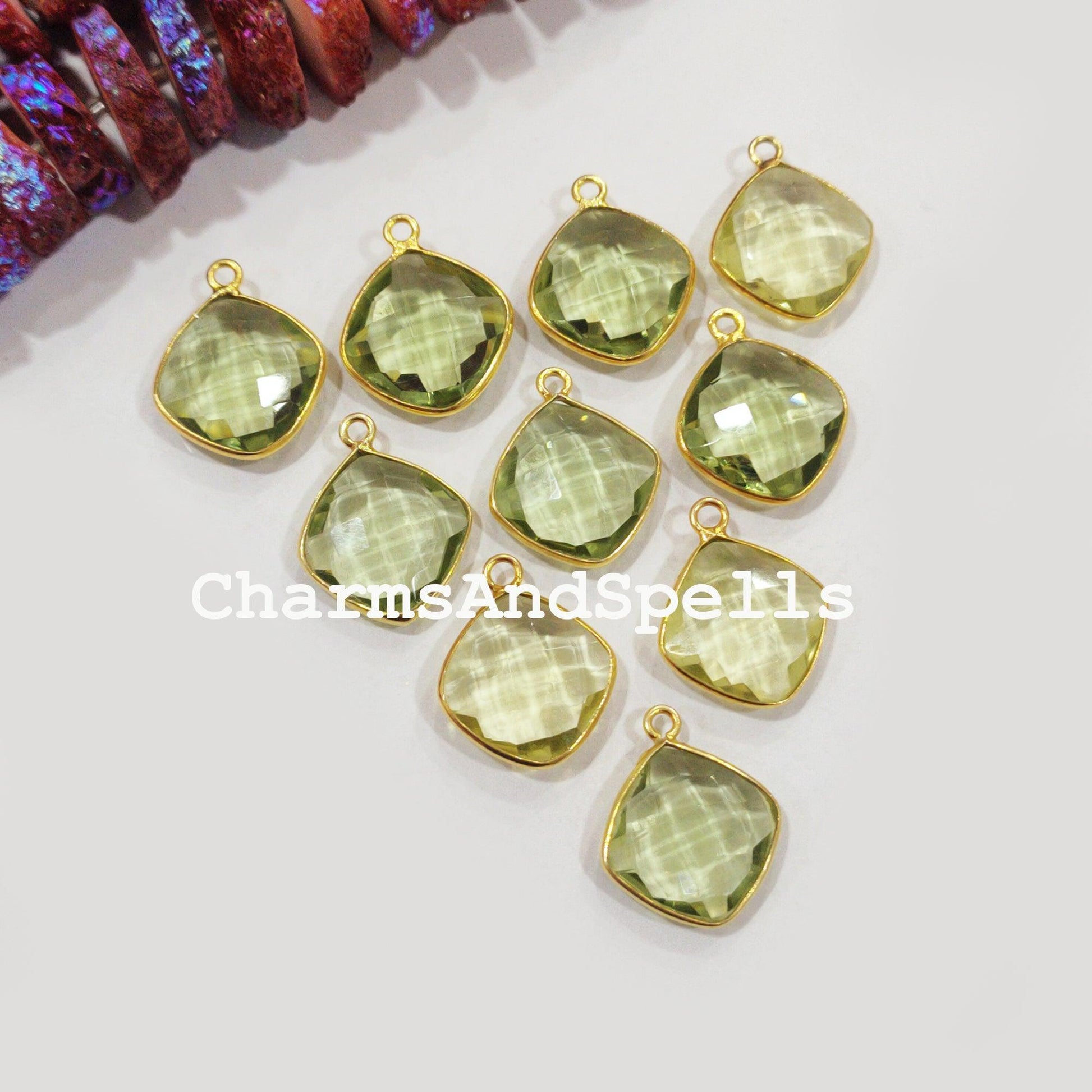 Green Amethyst Quartz Cushion Gold Plated Bezel Connectors, Green Amethyst Gemstone Connector - Charms And Spells