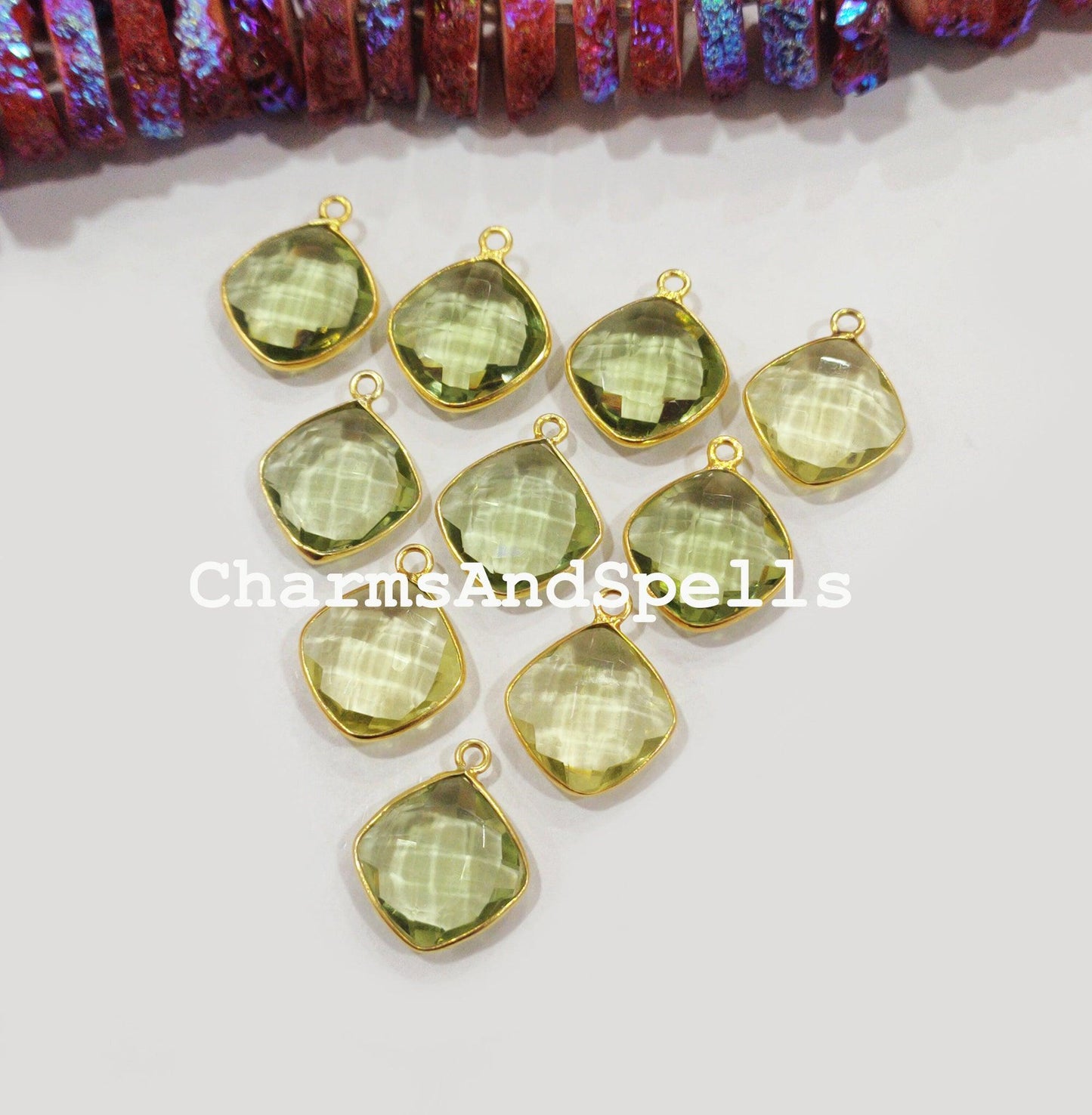 Green Amethyst Quartz Cushion Gold Plated Bezel Connectors, Green Amethyst Gemstone Connector - Charms And Spells