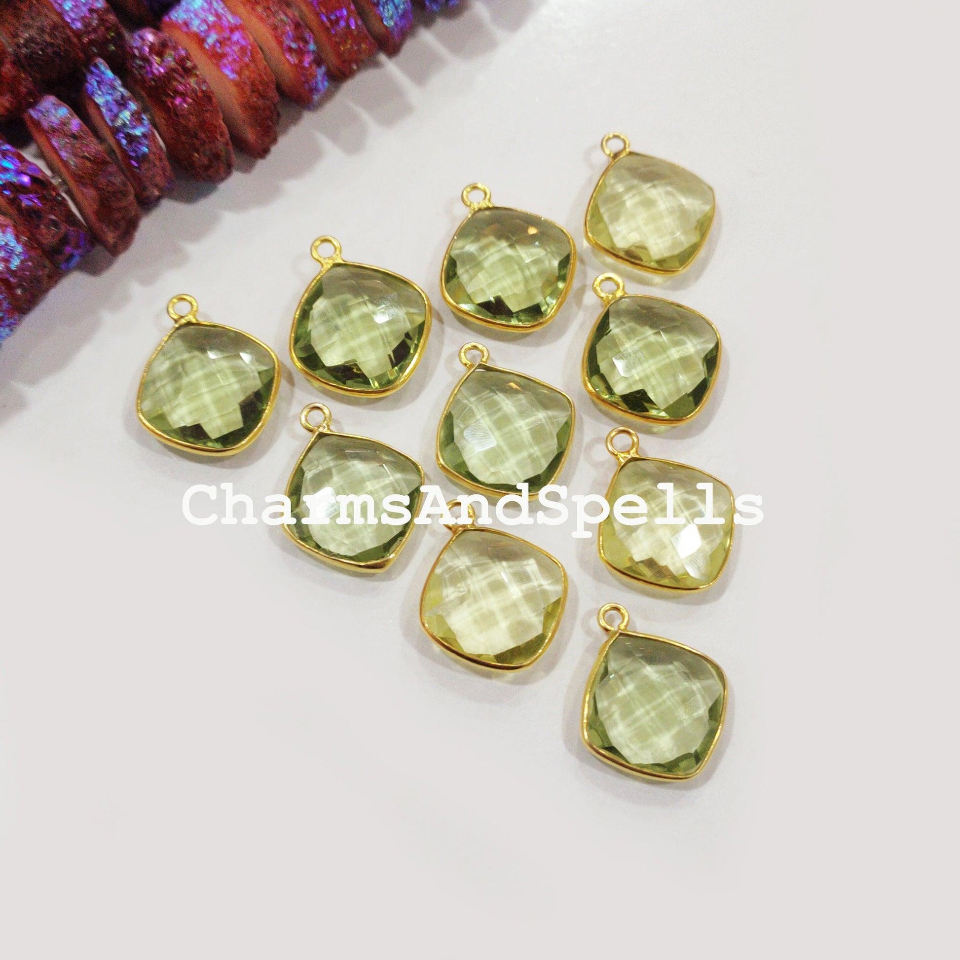 Green Amethyst Quartz Cushion Gold Plated Bezel Connectors, Green Amethyst Gemstone Connector - Charms And Spells