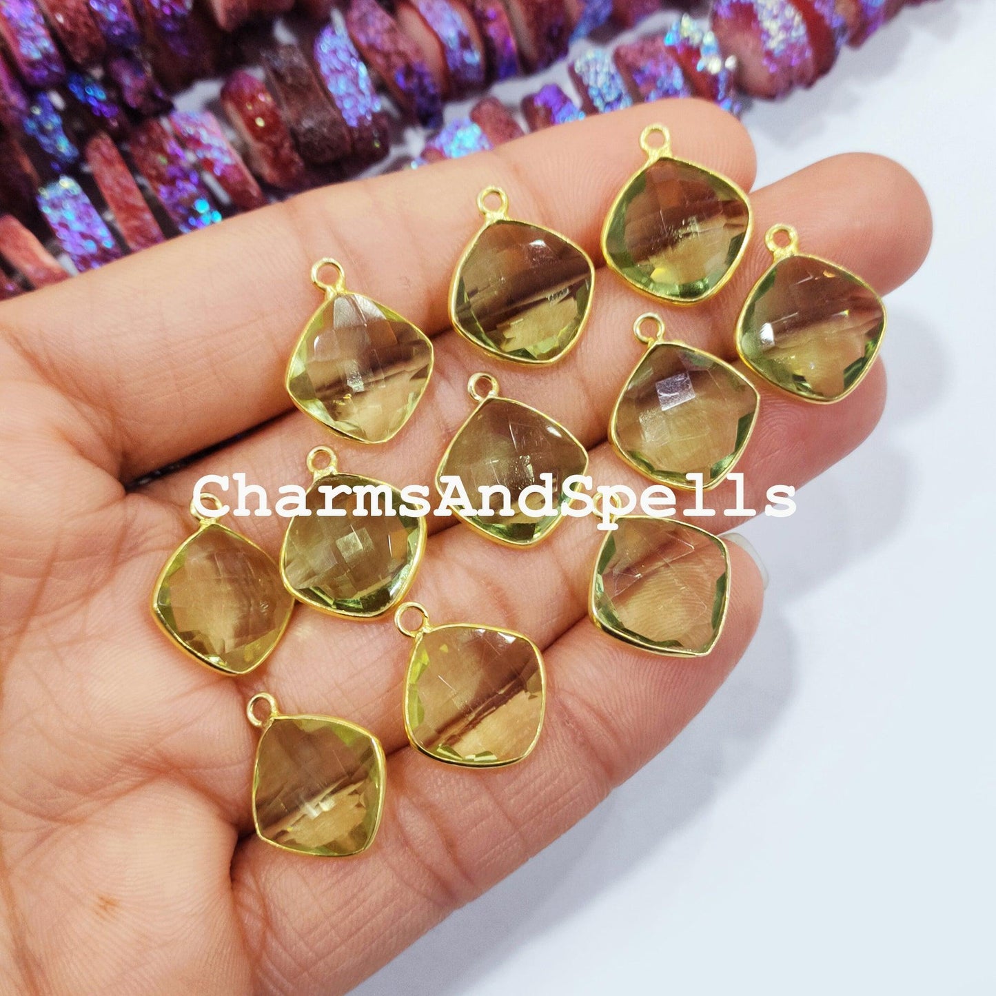 Green Amethyst Quartz Cushion Gold Plated Bezel Connectors, Green Amethyst Gemstone Connector - Charms And Spells