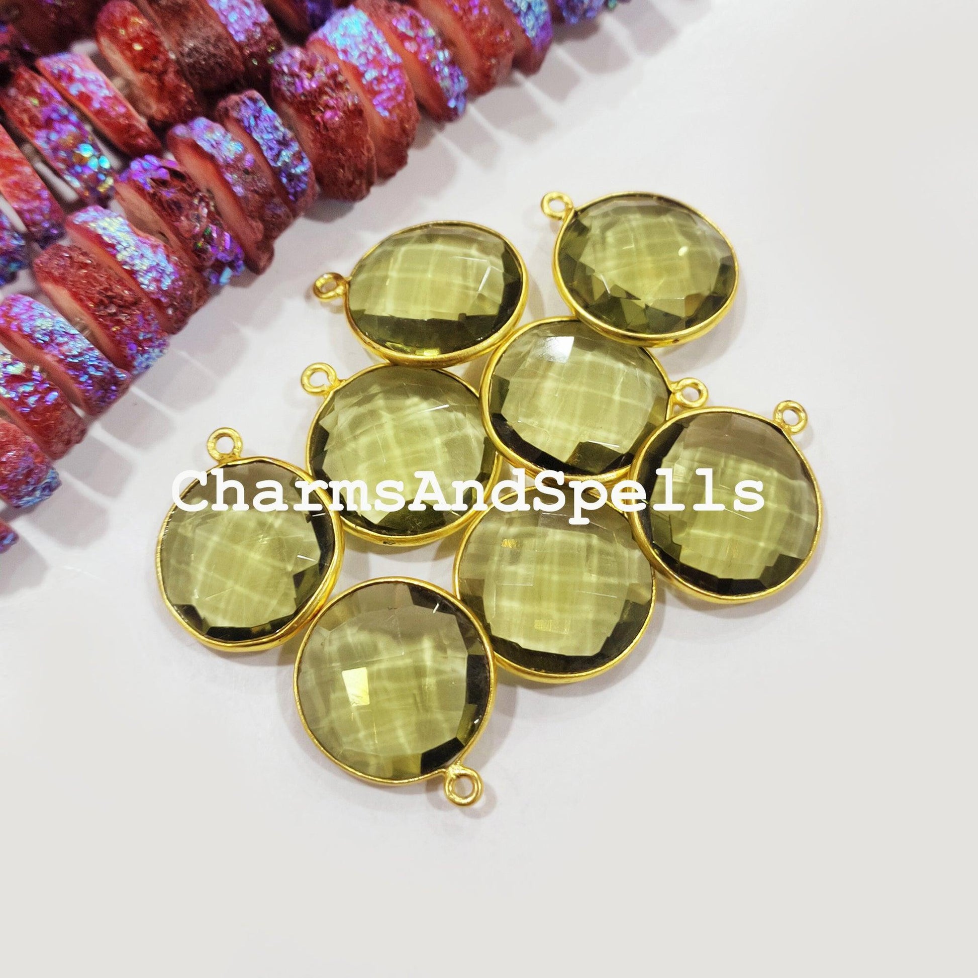 Green Amethyst Bezel Connector, 25mm Round Shape Gold Plated Single Bail Connector Pendant - Charms And Spells