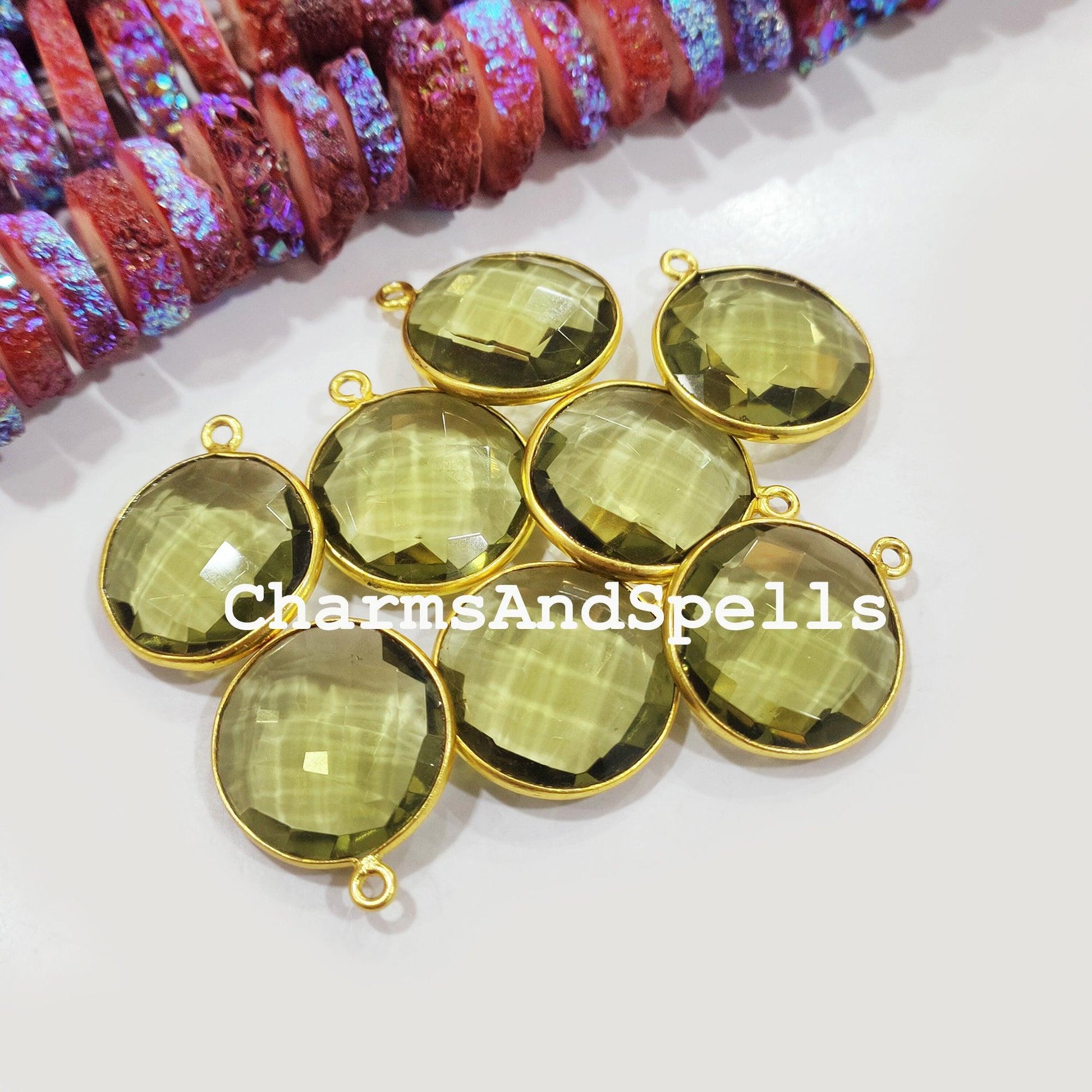 Green Amethyst Bezel Connector, 25mm Round Shape Gold Plated Single Bail Connector Pendant - Charms And Spells