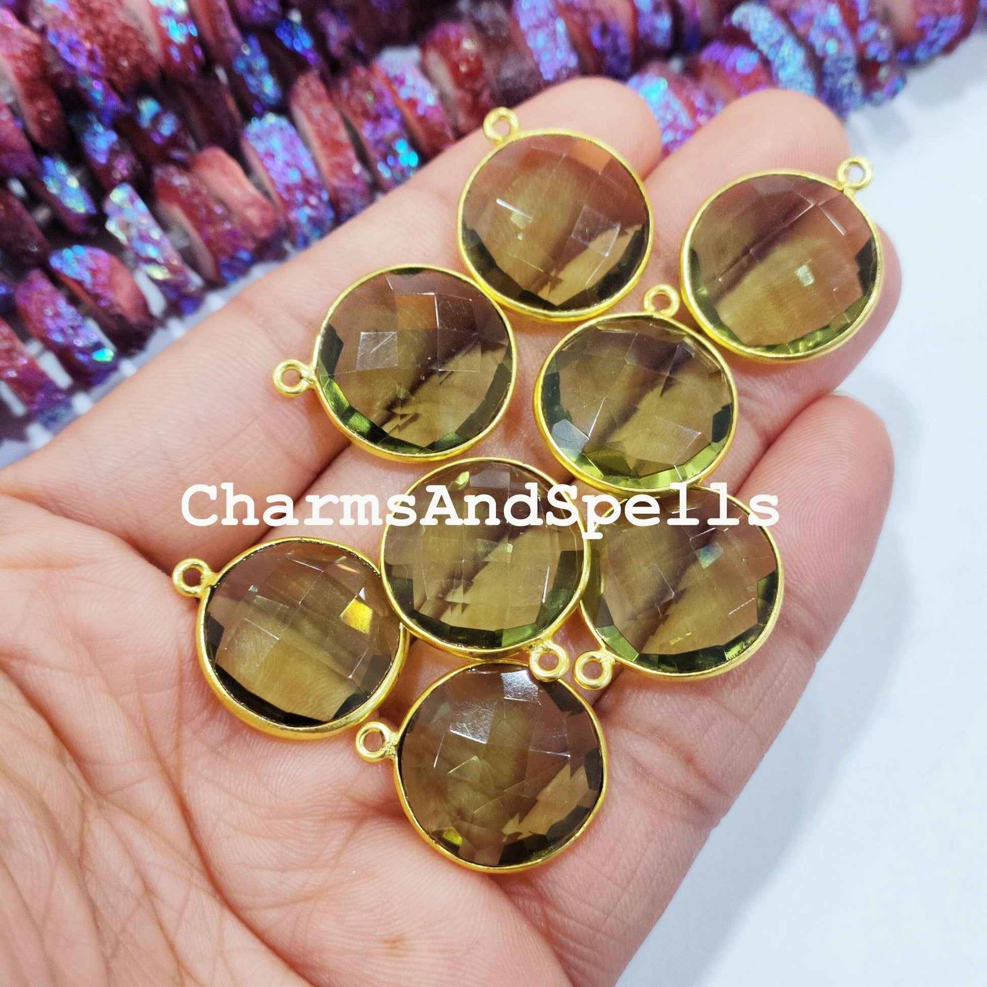 Green Amethyst Bezel Connector, 25mm Round Shape Gold Plated Single Bail Connector Pendant - Charms And Spells