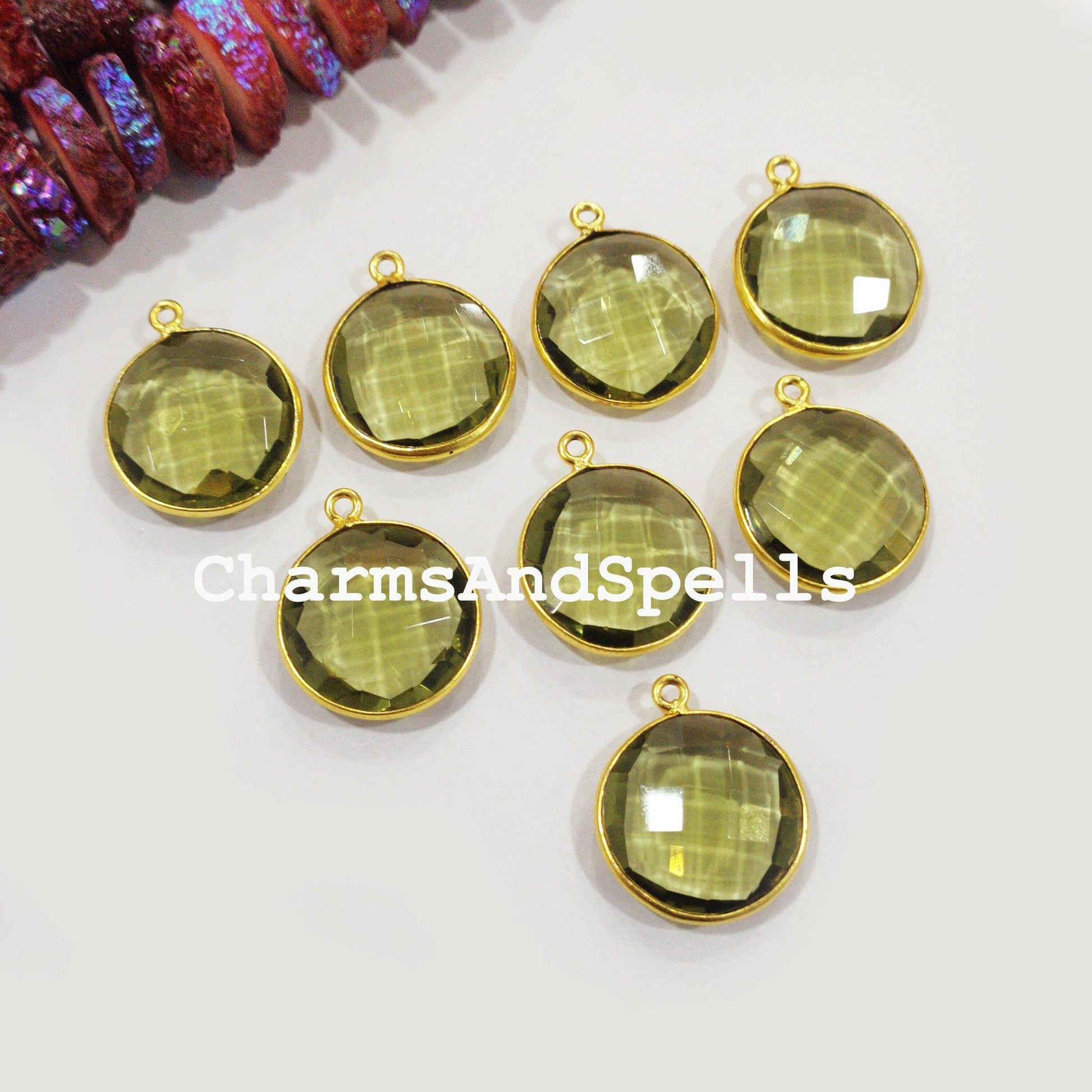 Green Amethyst Bezel Connector, 25mm Round Shape Gold Plated Single Bail Connector Pendant - Charms And Spells