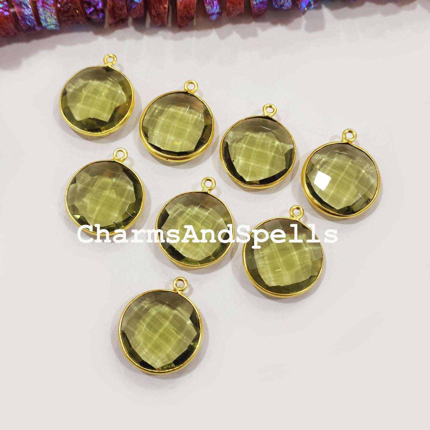 Green Amethyst Bezel Connector, 25mm Round Shape Gold Plated Single Bail Connector Pendant - Charms And Spells