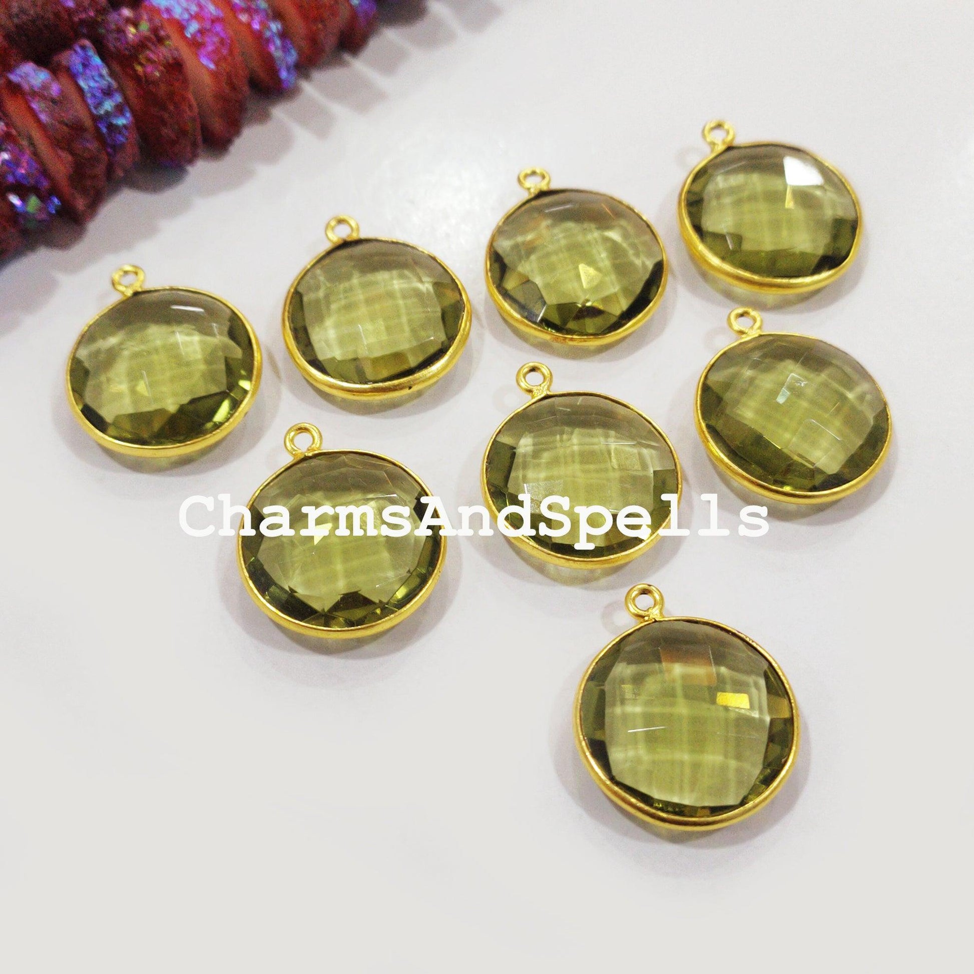 Green Amethyst Bezel Connector, 25mm Round Shape Gold Plated Single Bail Connector Pendant - Charms And Spells