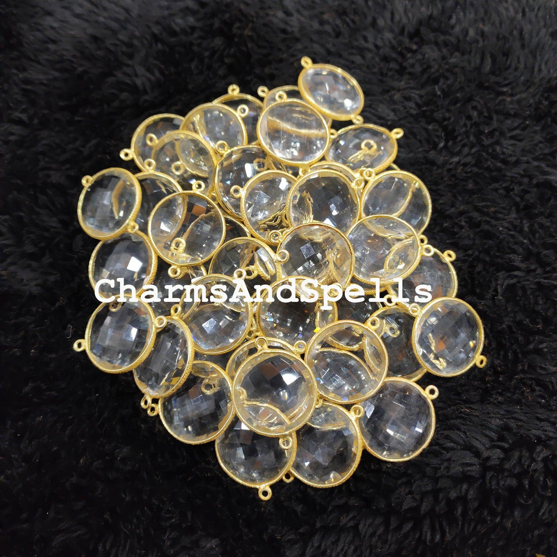 Crystal Quartz Round Gemstone Connectors, Crystal Quartz Connectors, Wholesale Connectors, Gold Plated Connector Charms - Charms And Spells