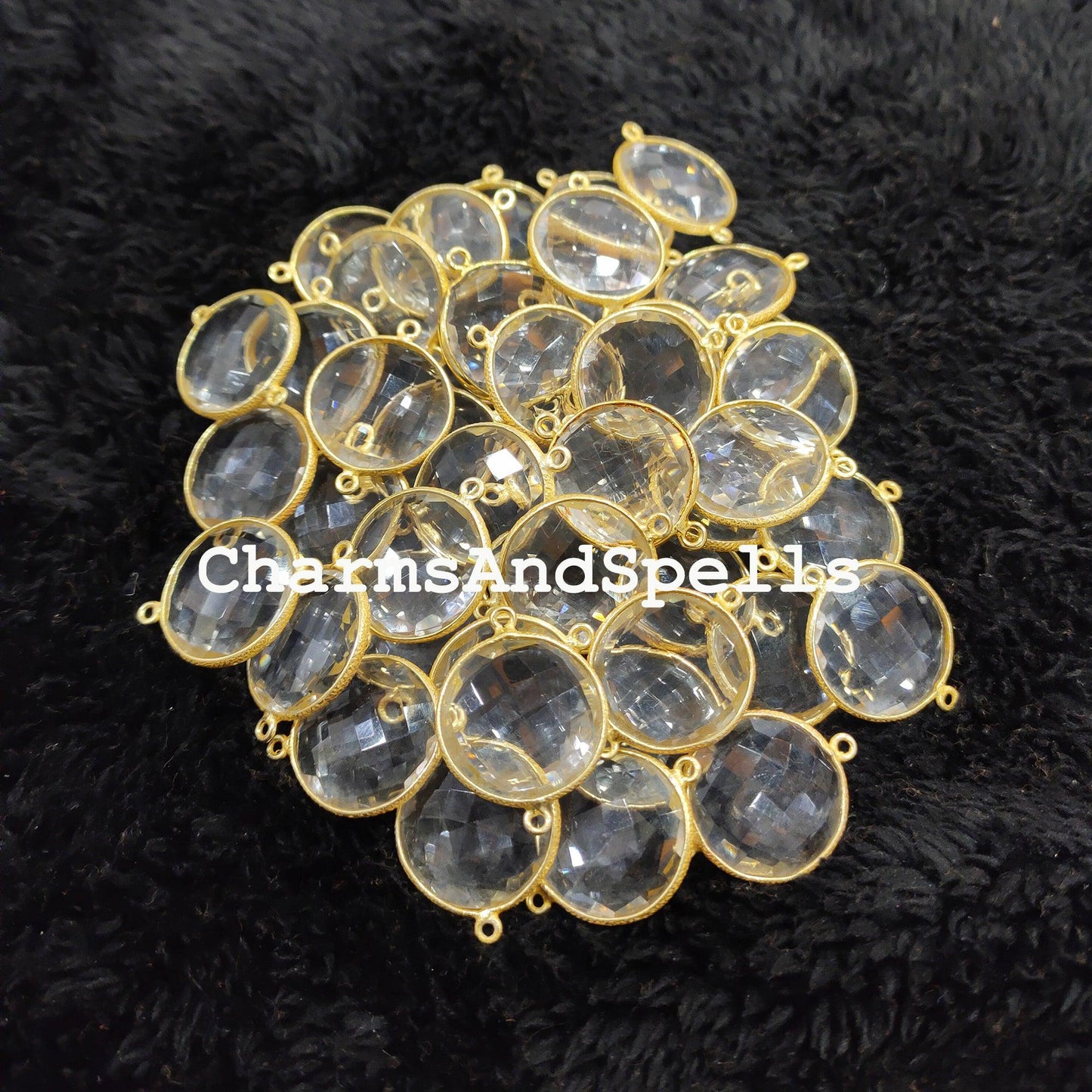 Crystal Quartz Round Gemstone Connectors, Crystal Quartz Connectors, Wholesale Connectors, Gold Plated Connector Charms - Charms And Spells