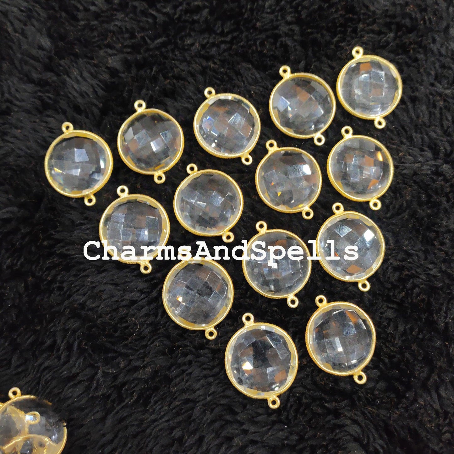 Crystal Quartz Round Gemstone Connectors, Crystal Quartz Connectors, Wholesale Connectors, Gold Plated Connector Charms - Charms And Spells