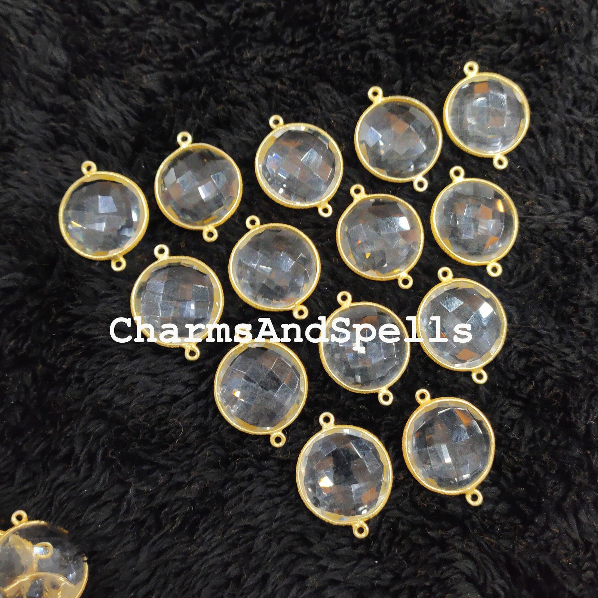 Crystal Quartz Round Gemstone Connectors, Crystal Quartz Connectors, Wholesale Connectors, Gold Plated Connector Charms - Charms And Spells