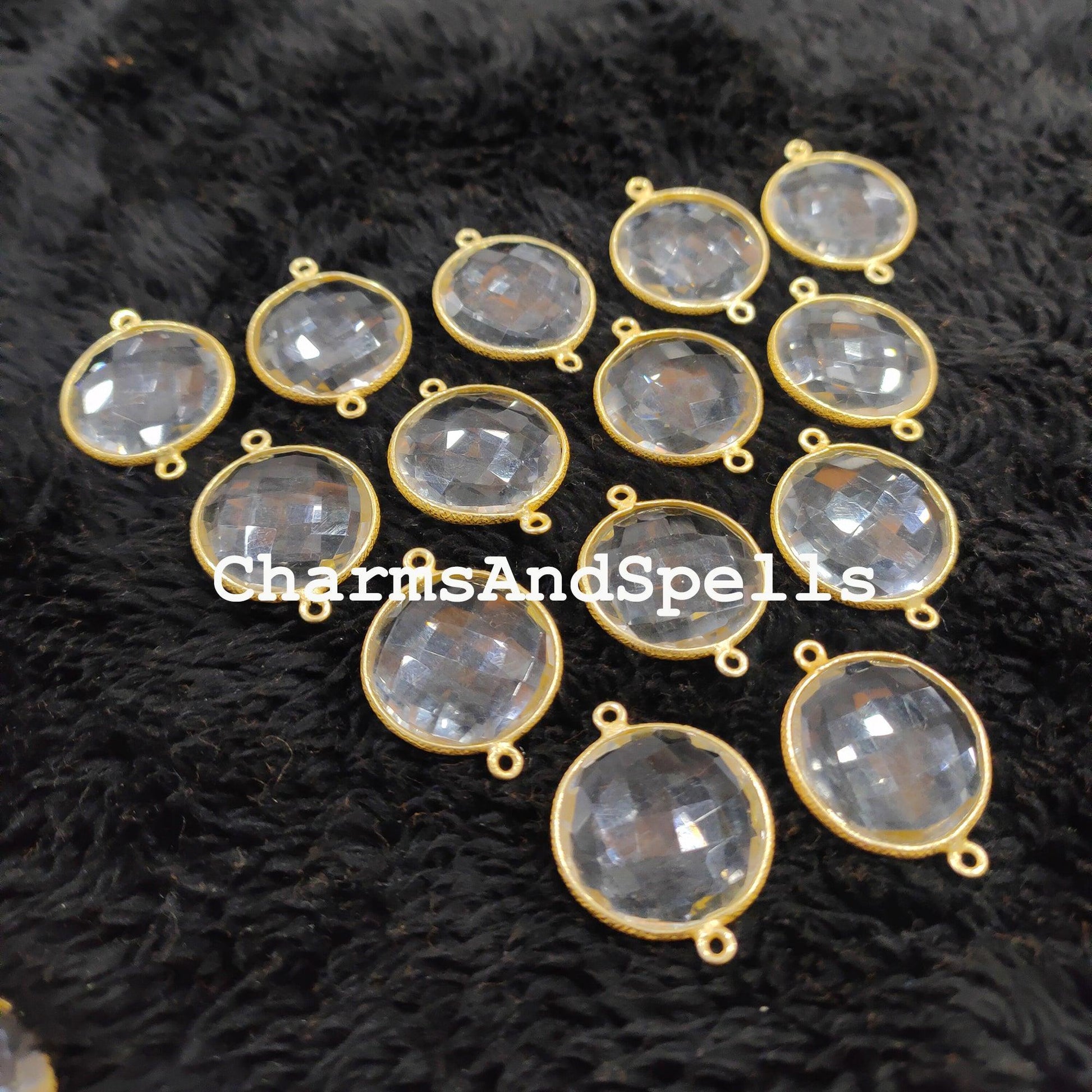 Crystal Quartz Round Gemstone Connectors, Crystal Quartz Connectors, Wholesale Connectors, Gold Plated Connector Charms - Charms And Spells