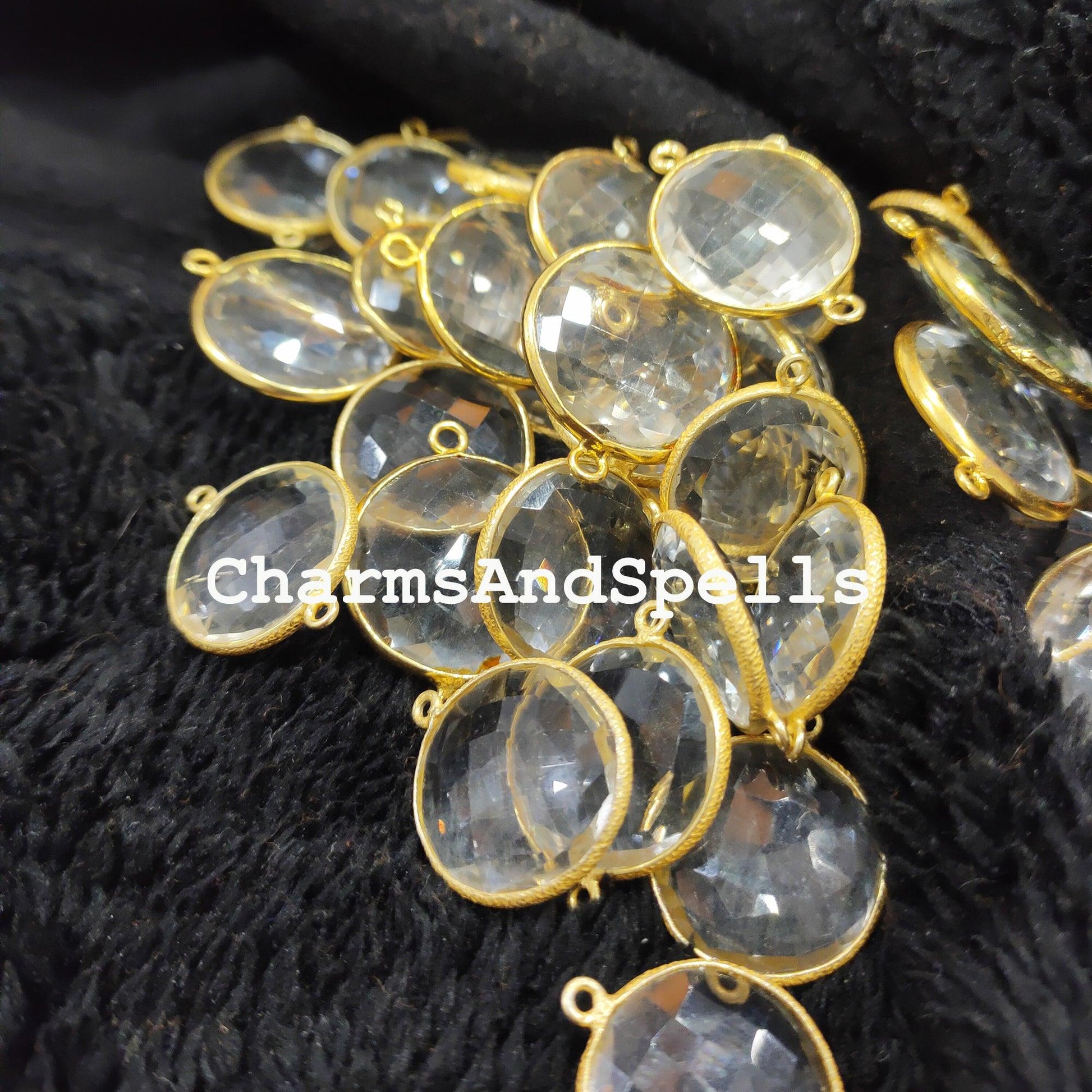 Crystal Quartz Round Gemstone Connectors, Crystal Quartz Connectors, Wholesale Connectors, Gold Plated Connector Charms - Charms And Spells