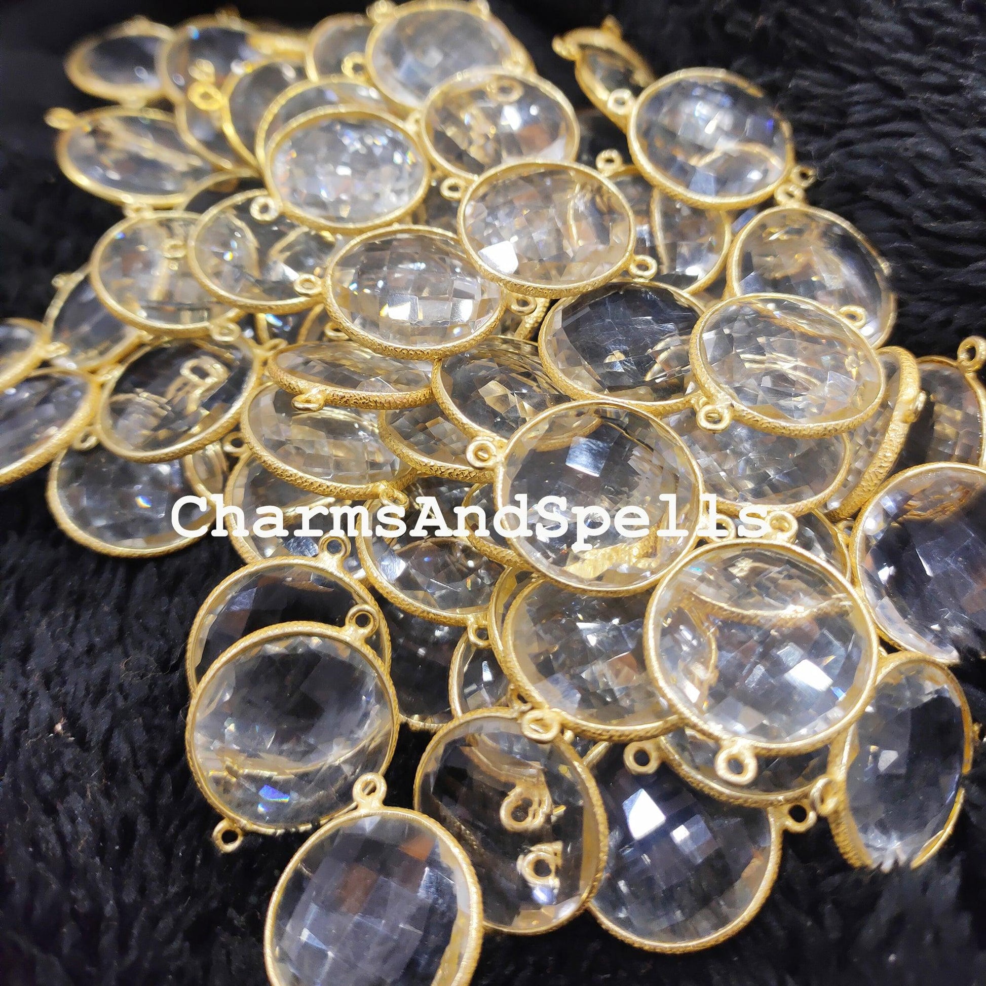 Crystal Quartz Round Gemstone Connectors, Crystal Quartz Connectors, Wholesale Connectors, Gold Plated Connector Charms - Charms And Spells