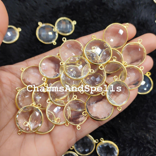 Crystal Quartz Round Gemstone Connectors, Crystal Quartz Connectors, Wholesale Connectors, Gold Plated Connector Charms - Charms And Spells