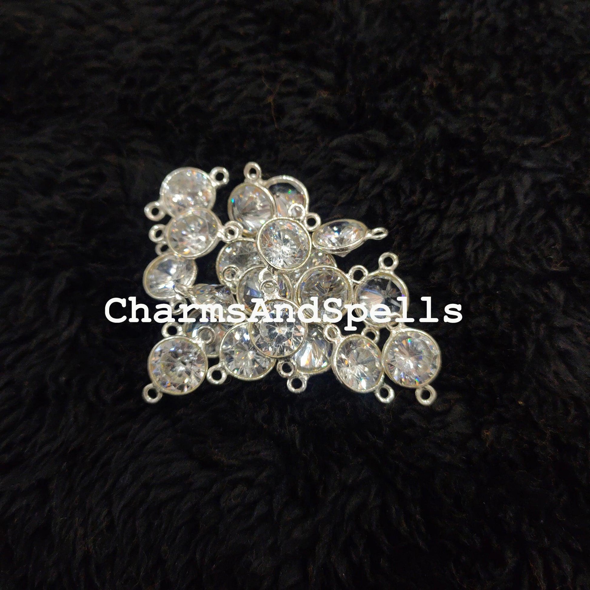 Crystal CZ Round Connector, Faceted Crystal Double Bail Connector, 925 Sterling Silver Plated Connector - Charms And Spells