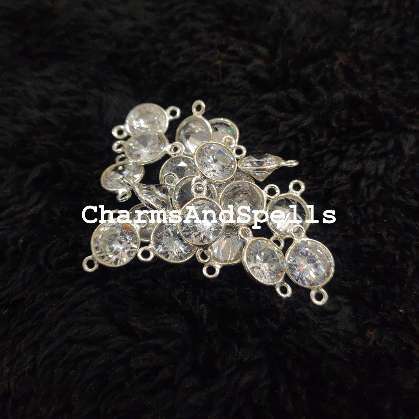 Crystal CZ Round Connector, Faceted Crystal Double Bail Connector, 925 Sterling Silver Plated Connector - Charms And Spells