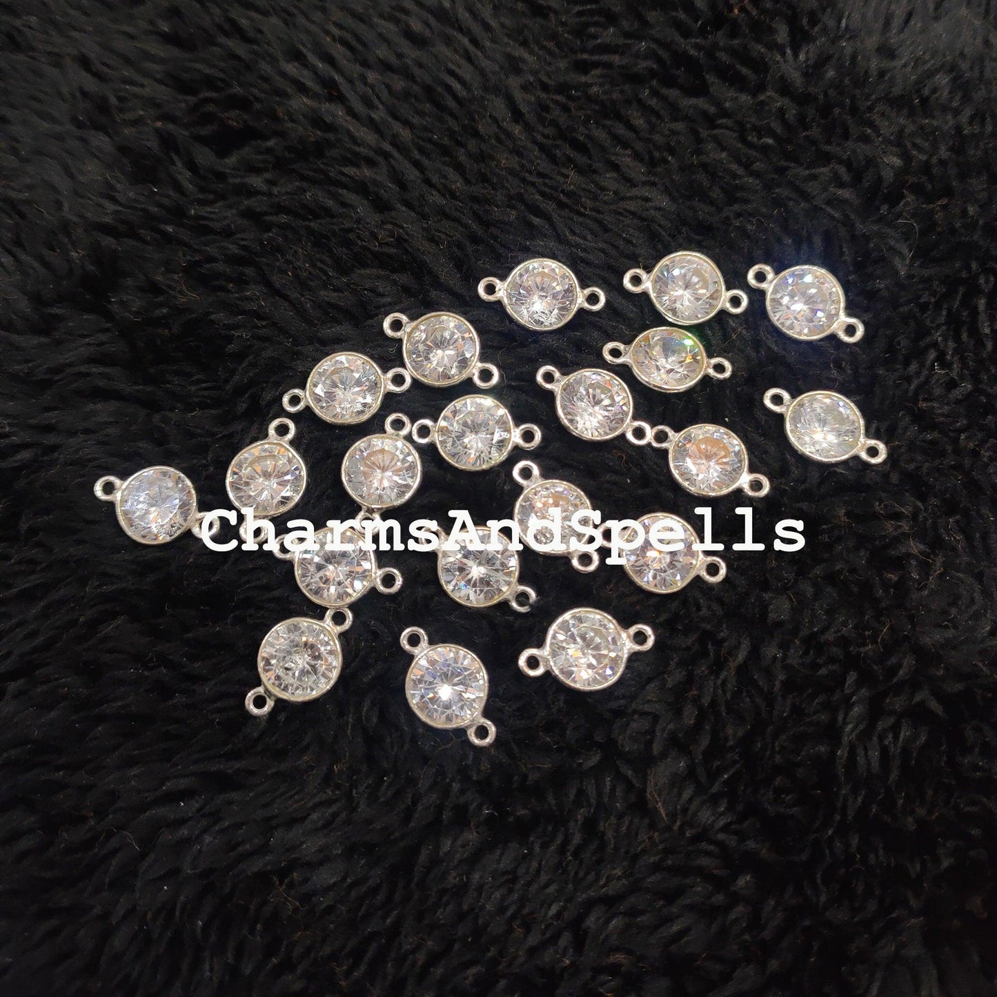 Crystal CZ Round Connector, Faceted Crystal Double Bail Connector, 925 Sterling Silver Plated Connector - Charms And Spells