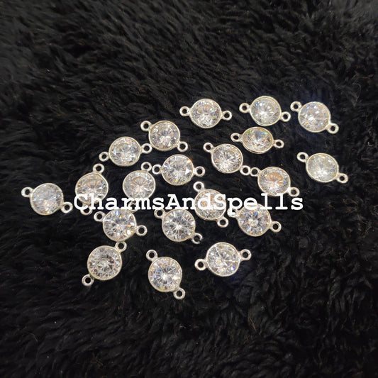 Crystal CZ Round Connector, Faceted Crystal Double Bail Connector, 925 Sterling Silver Plated Connector - Charms And Spells