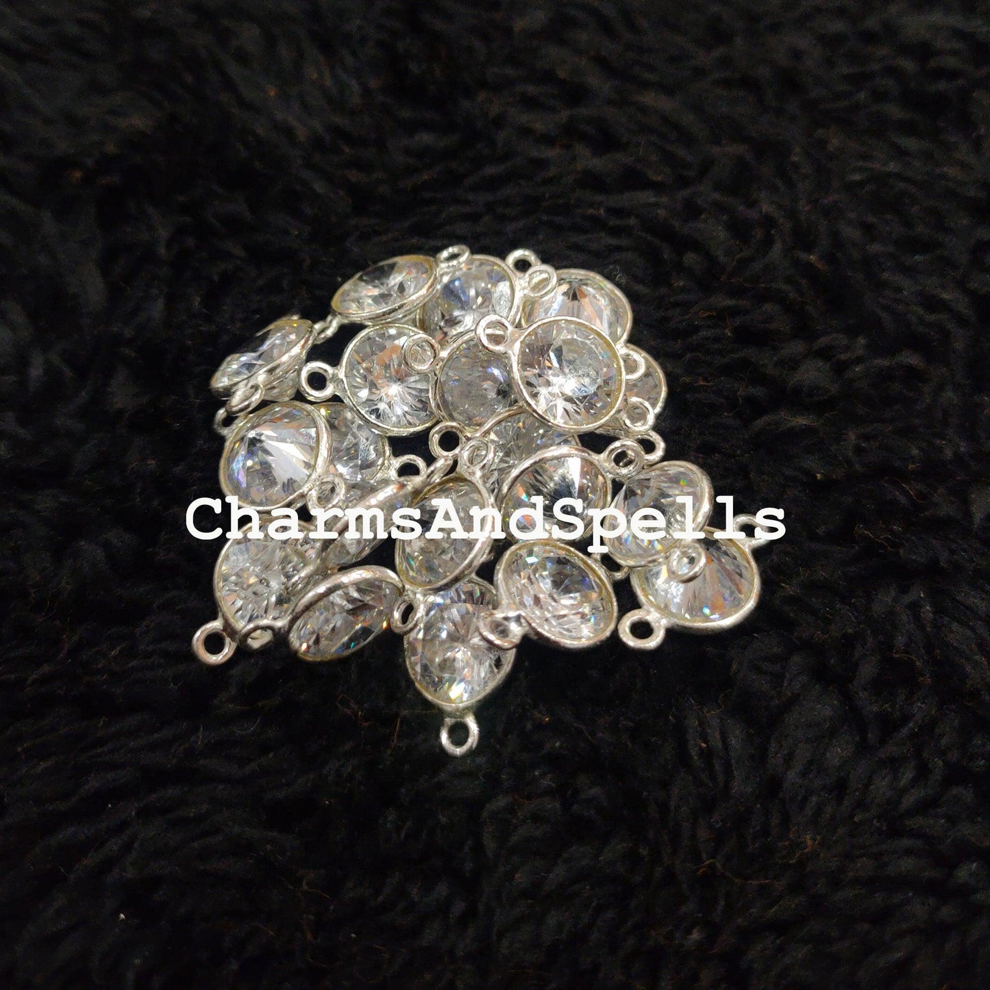 Crystal CZ Round Connector, Faceted Crystal Double Bail Connector, 925 Sterling Silver Plated Connector - Charms And Spells