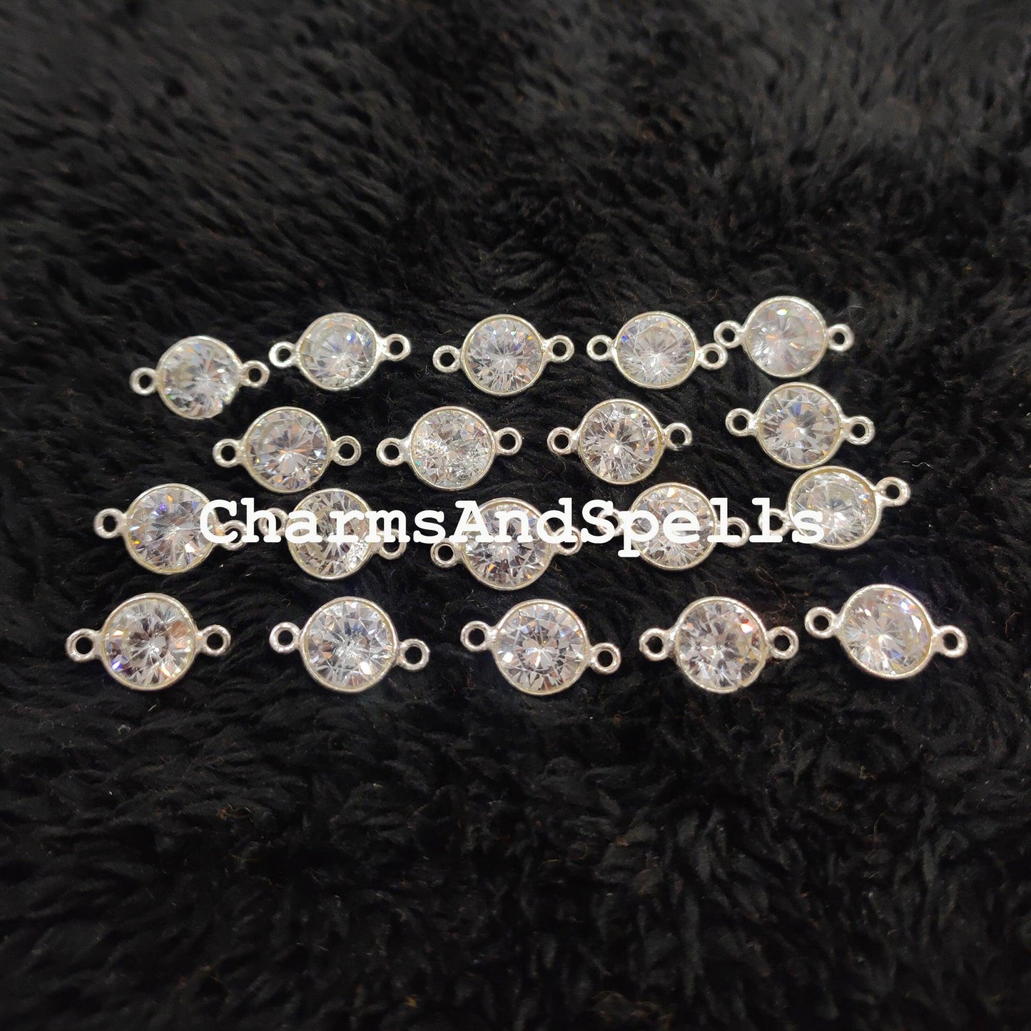 Crystal CZ Round Connector, Faceted Crystal Double Bail Connector, 925 Sterling Silver Plated Connector - Charms And Spells