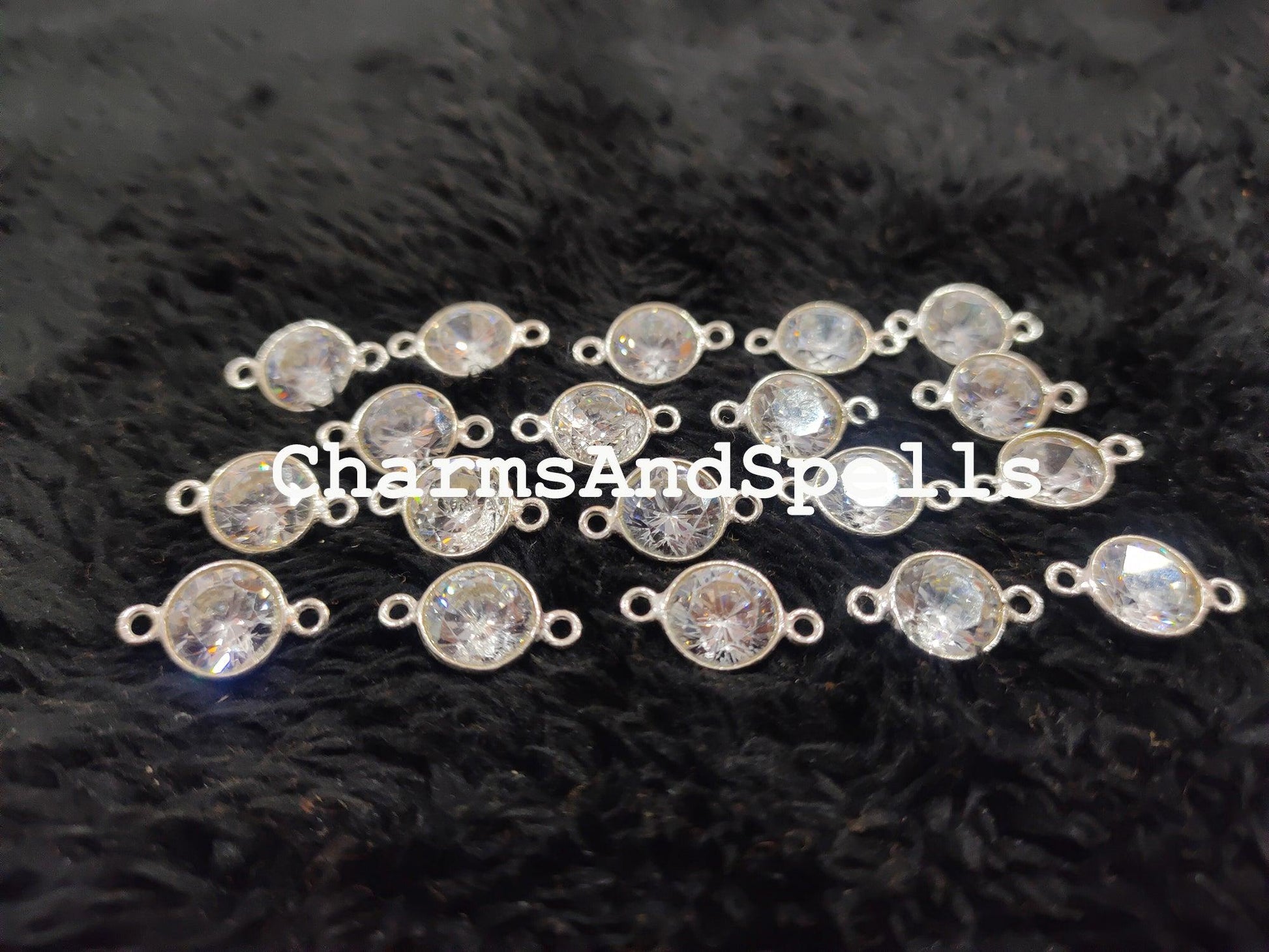 Crystal CZ Round Connector, Faceted Crystal Double Bail Connector, 925 Sterling Silver Plated Connector - Charms And Spells