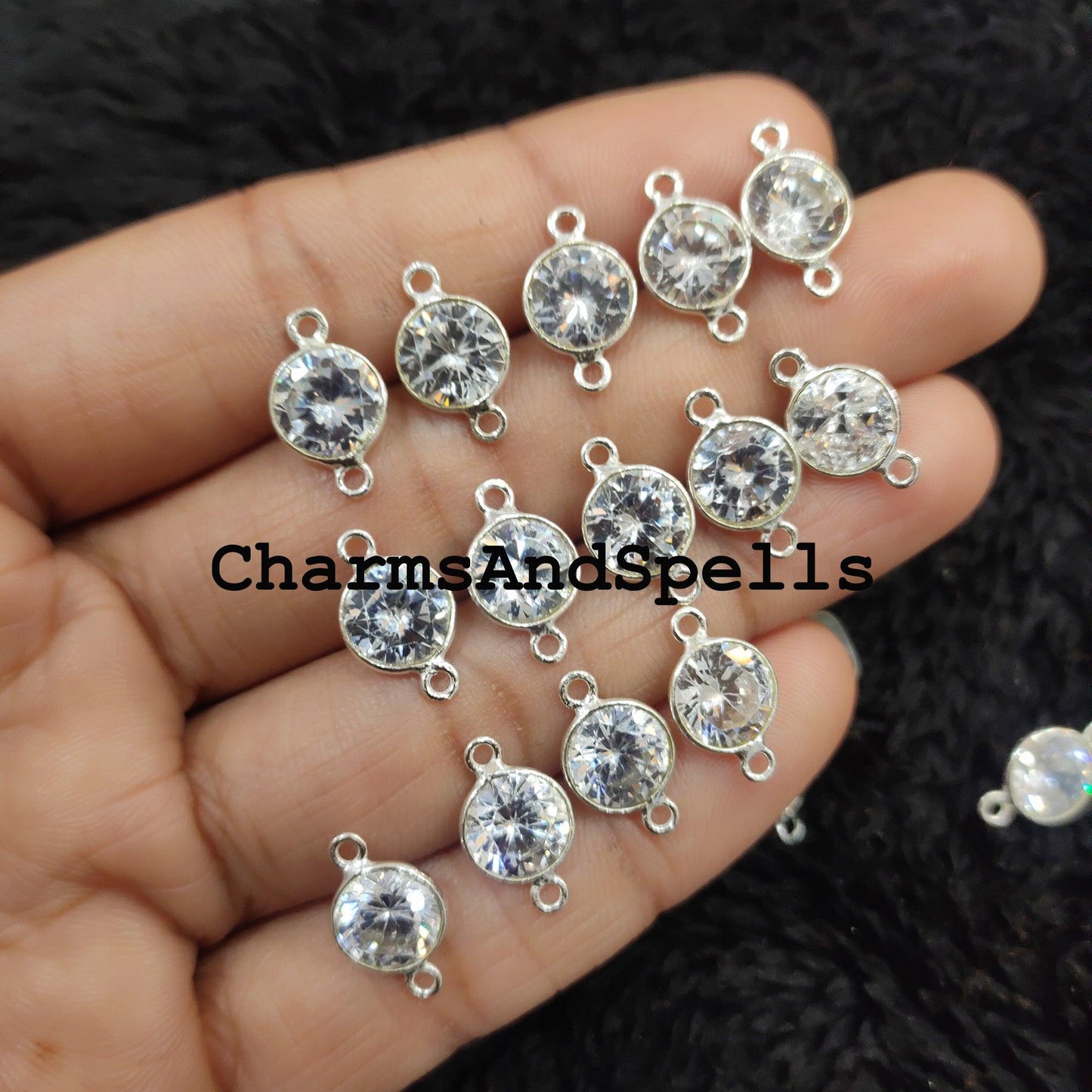 Crystal CZ Round Connector, Faceted Crystal Double Bail Connector, 925 Sterling Silver Plated Connector - Charms And Spells