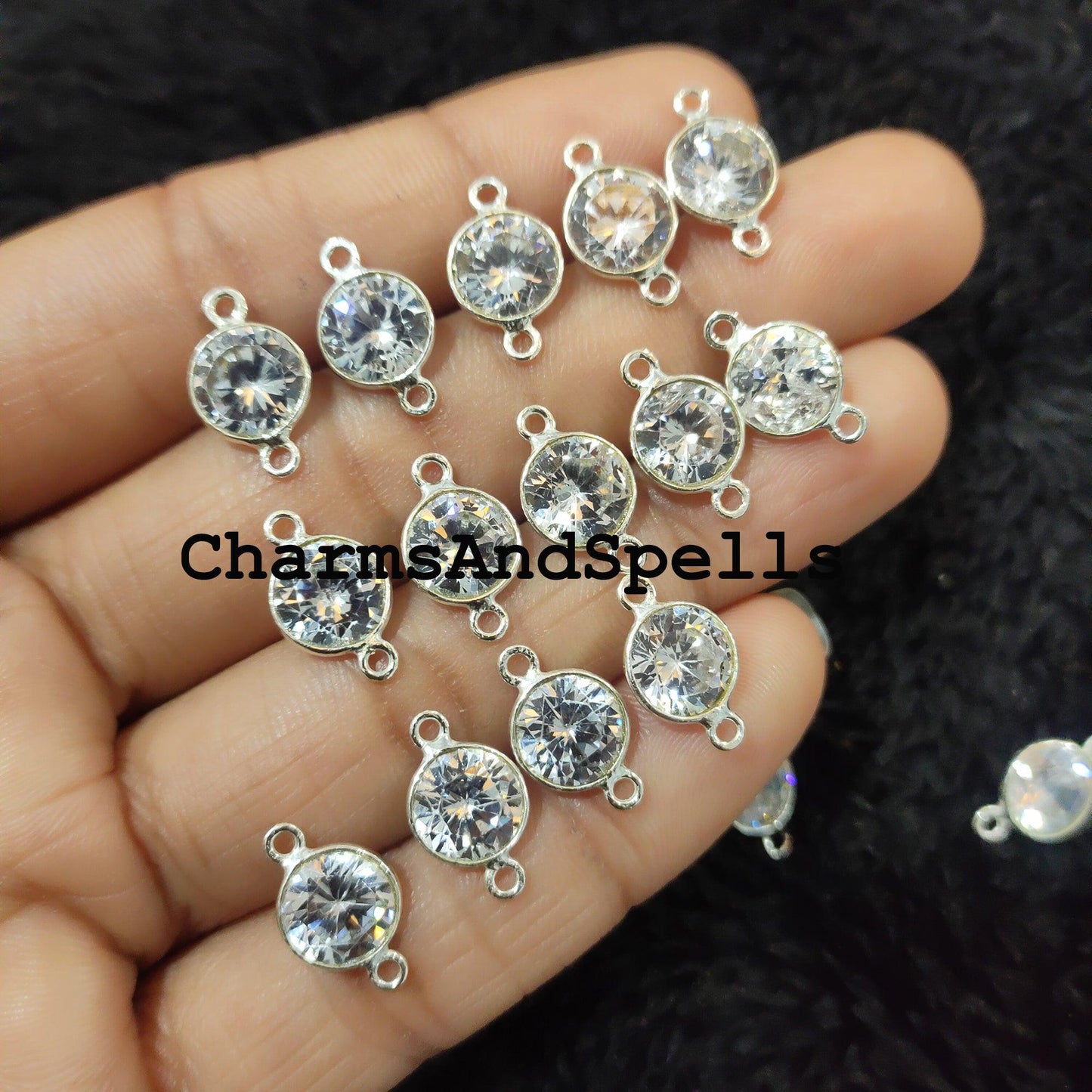 Crystal CZ Round Connector, Faceted Crystal Double Bail Connector, 925 Sterling Silver Plated Connector - Charms And Spells