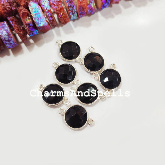 Black Onyx Round Bezel Connector, Silver Plated Connector, Round Shape Connector, Double Bail, Jewelry Supply, Silver Plated Connector - Charms And Spells