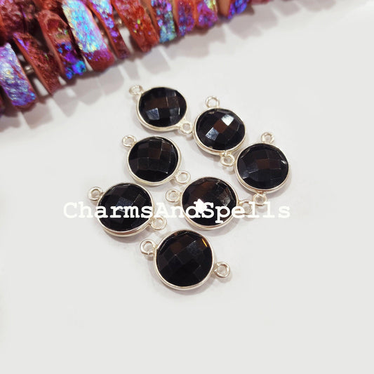 Black Onyx Round Bezel Connector, Silver Plated Connector, Round Shape Connector, Double Bail, Jewelry Supply, Silver Plated Connector - Charms And Spells