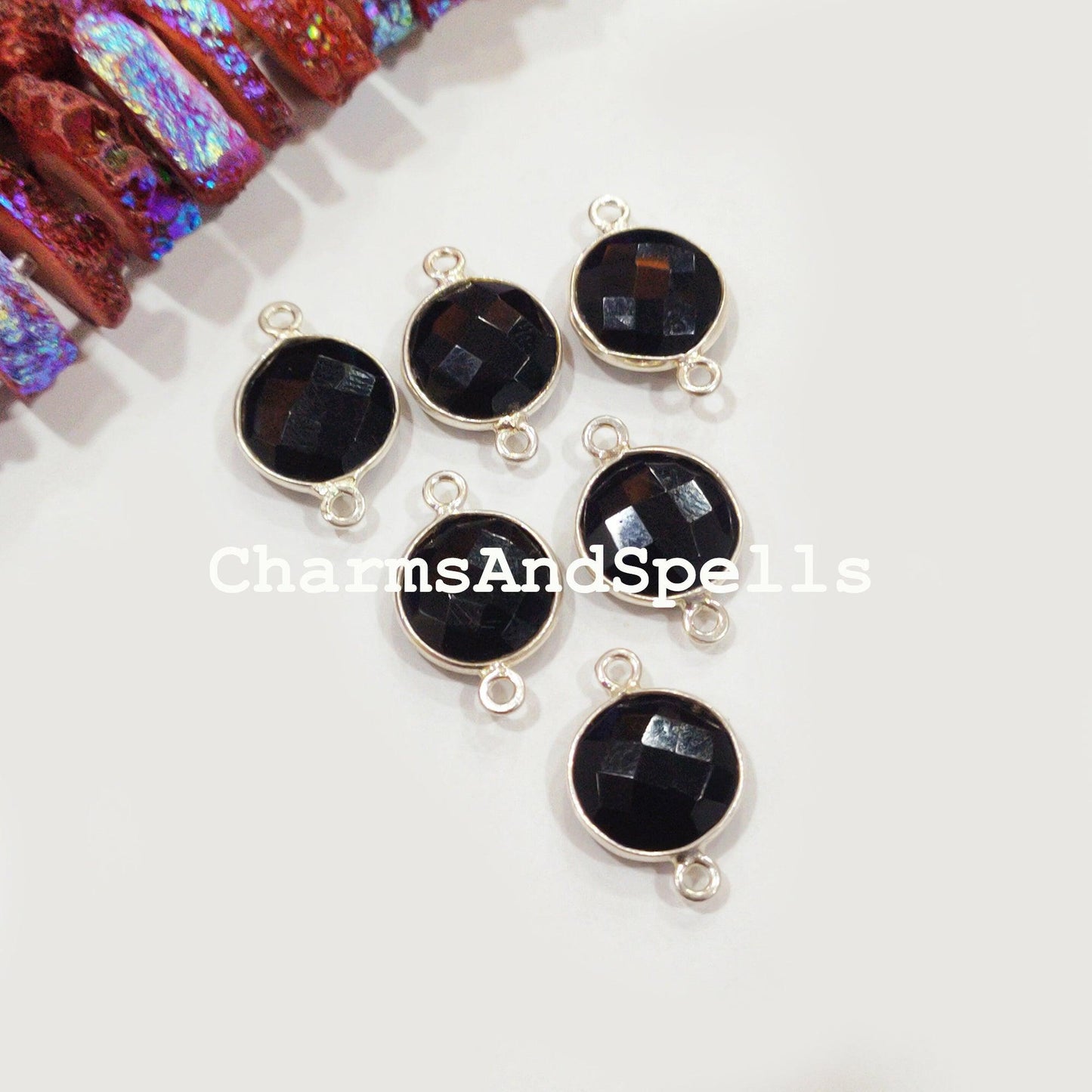 Black Onyx Round Bezel Connector, Silver Plated Connector, Round Shape Connector, Double Bail, Jewelry Supply, Silver Plated Connector - Charms And Spells