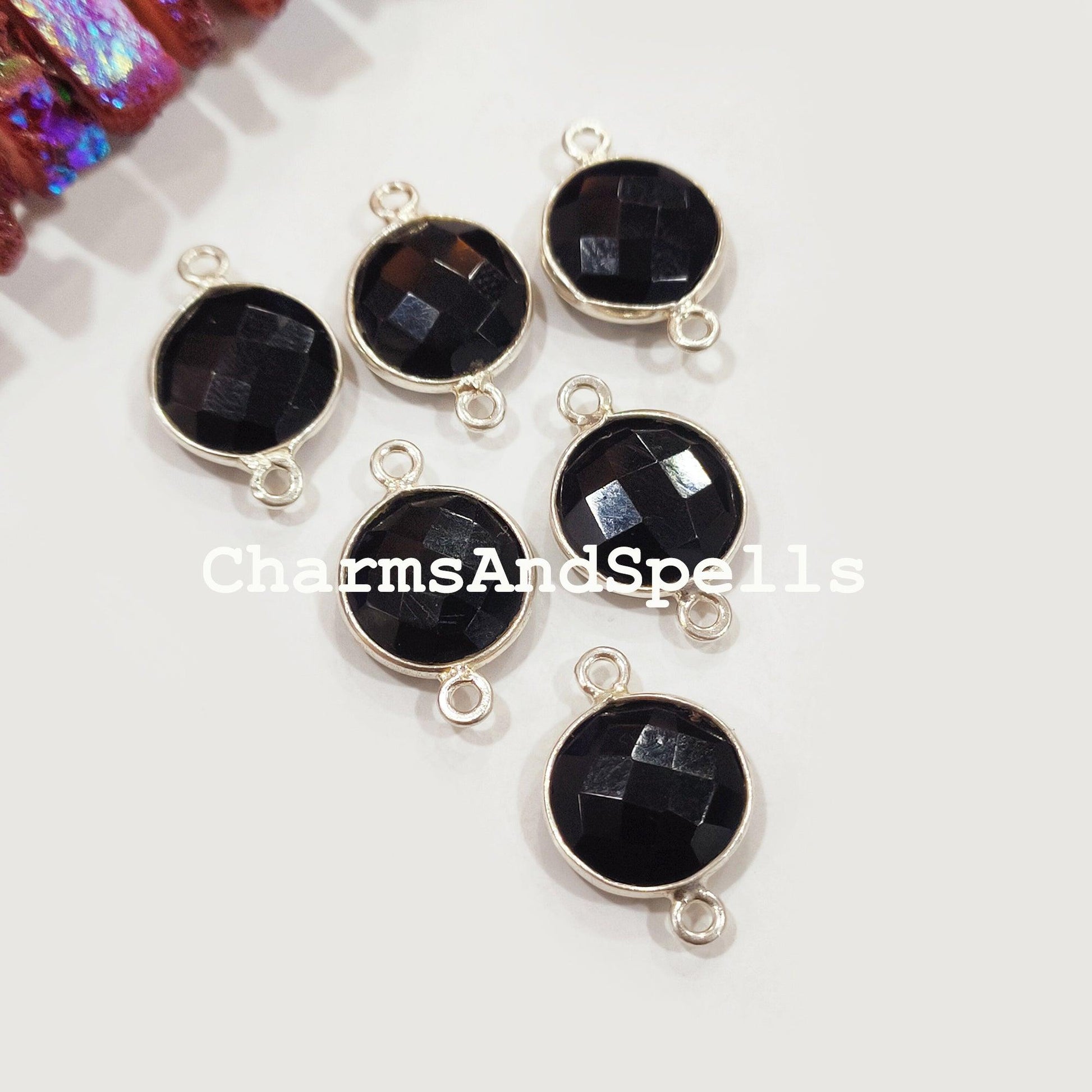 Black Onyx Round Bezel Connector, Silver Plated Connector, Round Shape Connector, Double Bail, Jewelry Supply, Silver Plated Connector - Charms And Spells