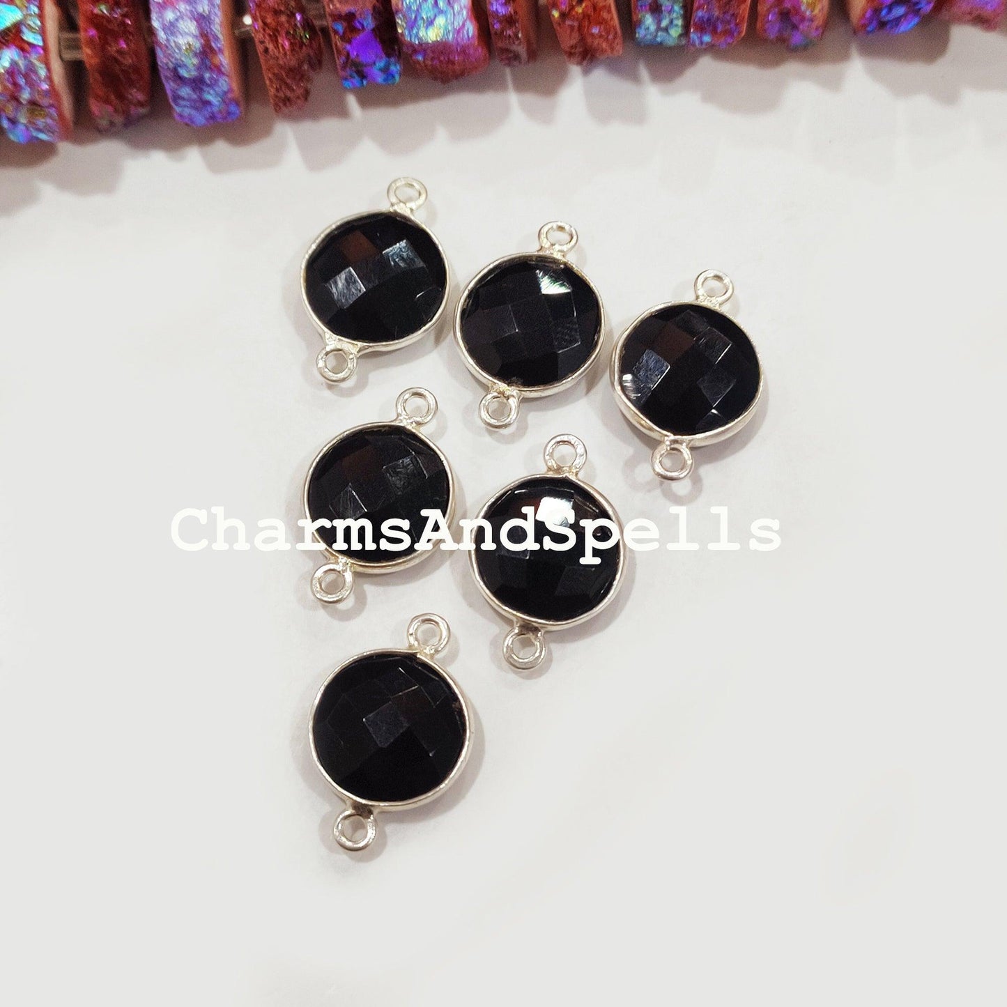 Black Onyx Round Bezel Connector, Silver Plated Connector, Round Shape Connector, Double Bail, Jewelry Supply, Silver Plated Connector - Charms And Spells