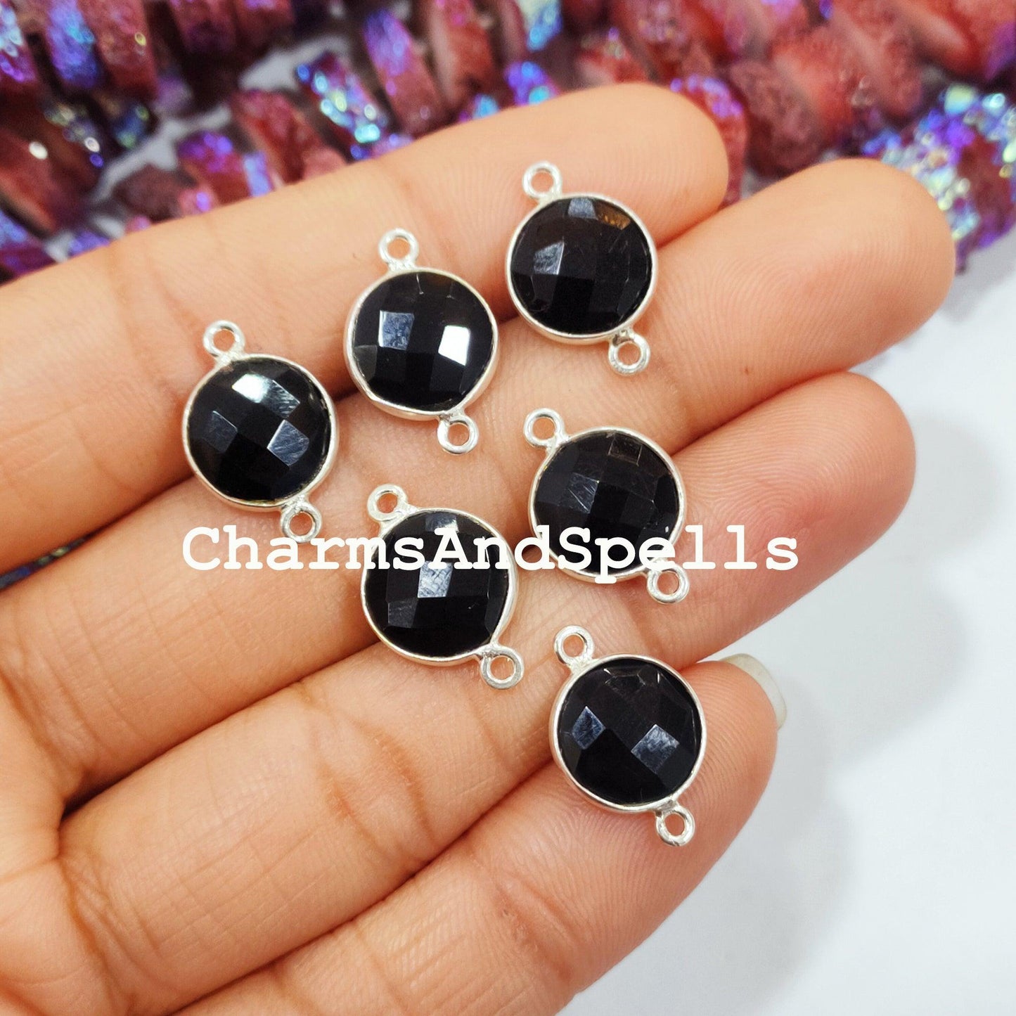 Black Onyx Round Bezel Connector, Silver Plated Connector, Round Shape Connector, Double Bail, Jewelry Supply, Silver Plated Connector - Charms And Spells