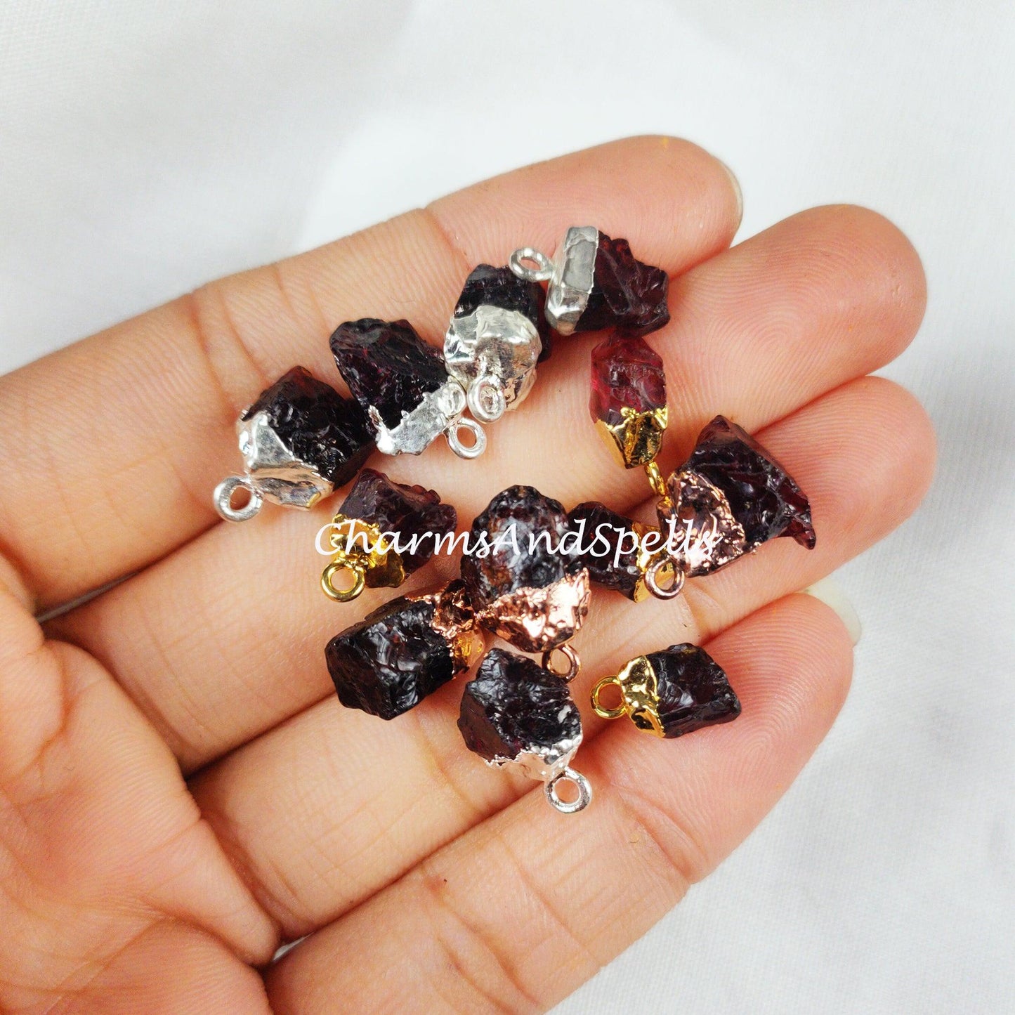 Natural Red Garnet Connectors, Gemstone Rough Connectors, Electroplated Single Bail Connectors, - Charms And Spells