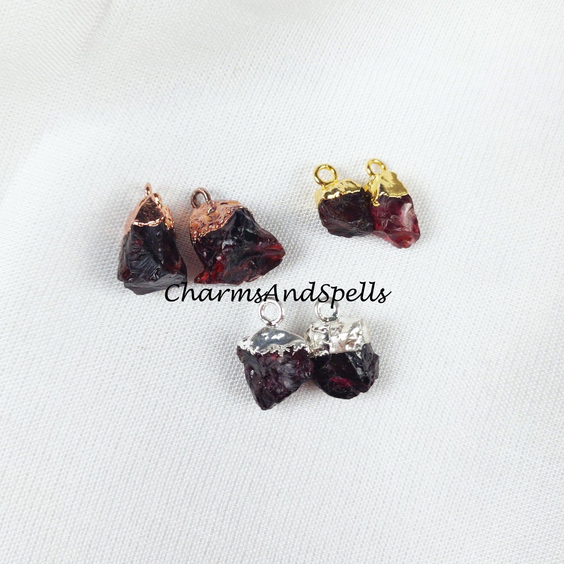 Natural Red Garnet Connectors, Gemstone Rough Connectors, Electroplated Single Bail Connectors, - Charms And Spells