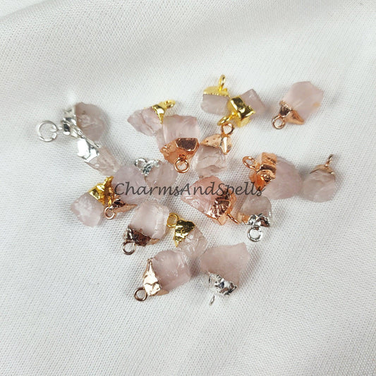 Big Sale On Raw Rose Quartz Electroplated Pendant Connectors, Gemstone Connectors, Copper Connectors, Raw Gemstone Connectors - Charms And Spells