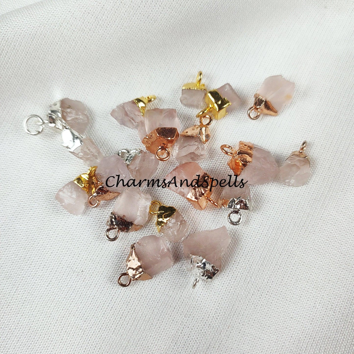 Big Sale On Raw Rose Quartz Electroplated Pendant Connectors, Gemstone Connectors, Copper Connectors, Raw Gemstone Connectors - Charms And Spells