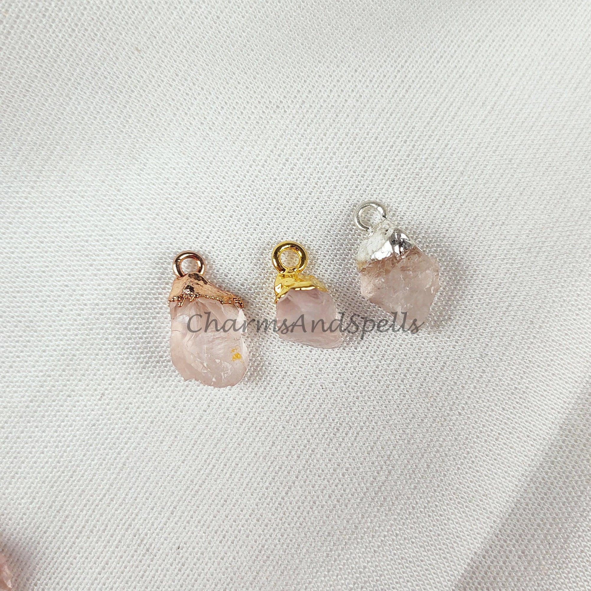 Big Sale On Raw Rose Quartz Electroplated Pendant Connectors, Gemstone Connectors, Copper Connectors, Raw Gemstone Connectors - Charms And Spells