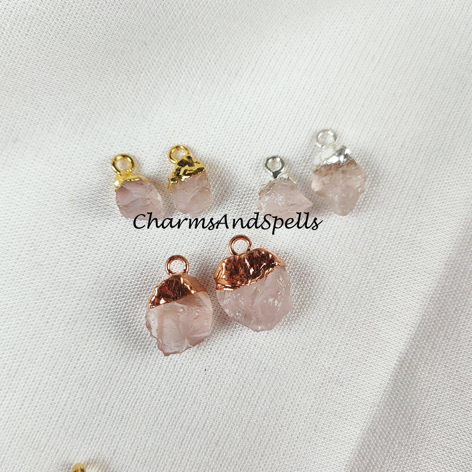 Big Sale On Raw Rose Quartz Electroplated Pendant Connectors, Gemstone Connectors, Copper Connectors, Raw Gemstone Connectors - Charms And Spells