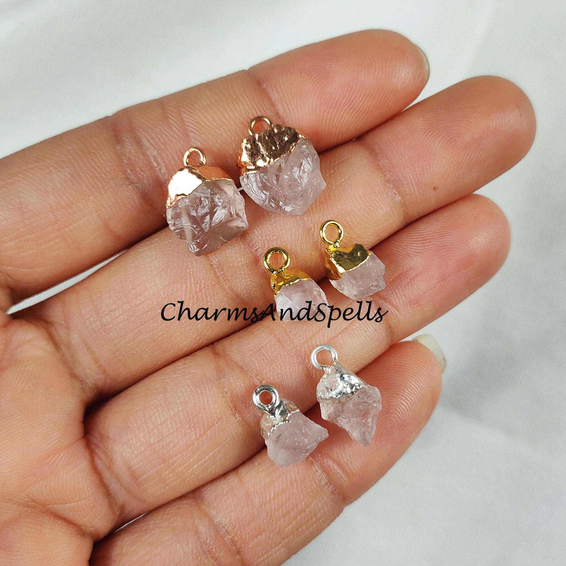 Big Sale On Raw Rose Quartz Electroplated Pendant Connectors, Gemstone Connectors, Copper Connectors, Raw Gemstone Connectors - Charms And Spells