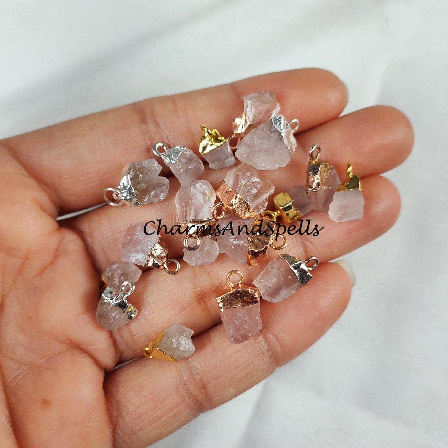 Big Sale On Raw Rose Quartz Electroplated Pendant Connectors, Gemstone Connectors, Copper Connectors, Raw Gemstone Connectors - Charms And Spells