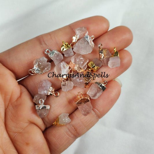 Big Sale On Raw Rose Quartz Electroplated Pendant Connectors, Gemstone Connectors, Copper Connectors, Raw Gemstone Connectors - Charms And Spells