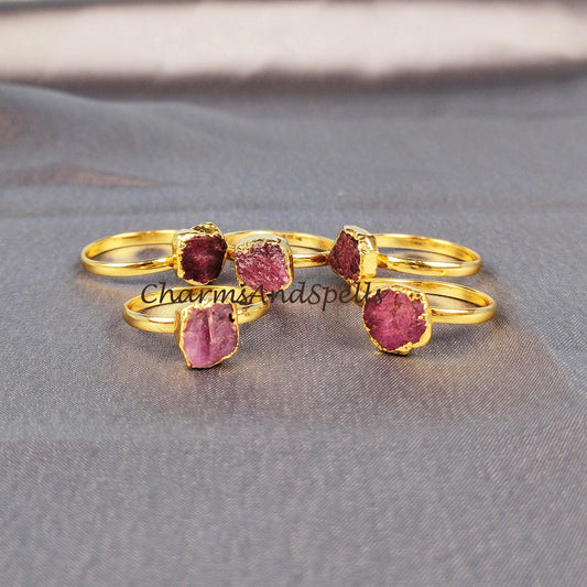 Raw Ruby Ring, 14K Gold Plated Ring, Women Ring, Electroplated Ring, Statement Ring, Unique Ring, Dainty Natural Ruby Ring - Charms And Spells