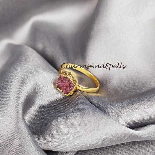 Raw Ruby Ring, 14K Gold Plated Ring, Women Ring, Electroplated Ring, Statement Ring, Unique Ring, Dainty Natural Ruby Ring - Charms And Spells