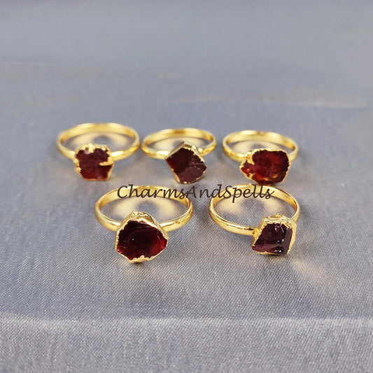 Natural Garnet Ring, Garnet Electroplated Ring, Gift for Her, Raw Stone Jewelry, Raw Stone Ring, Birthstone, Unisex Ring - Charms And Spells