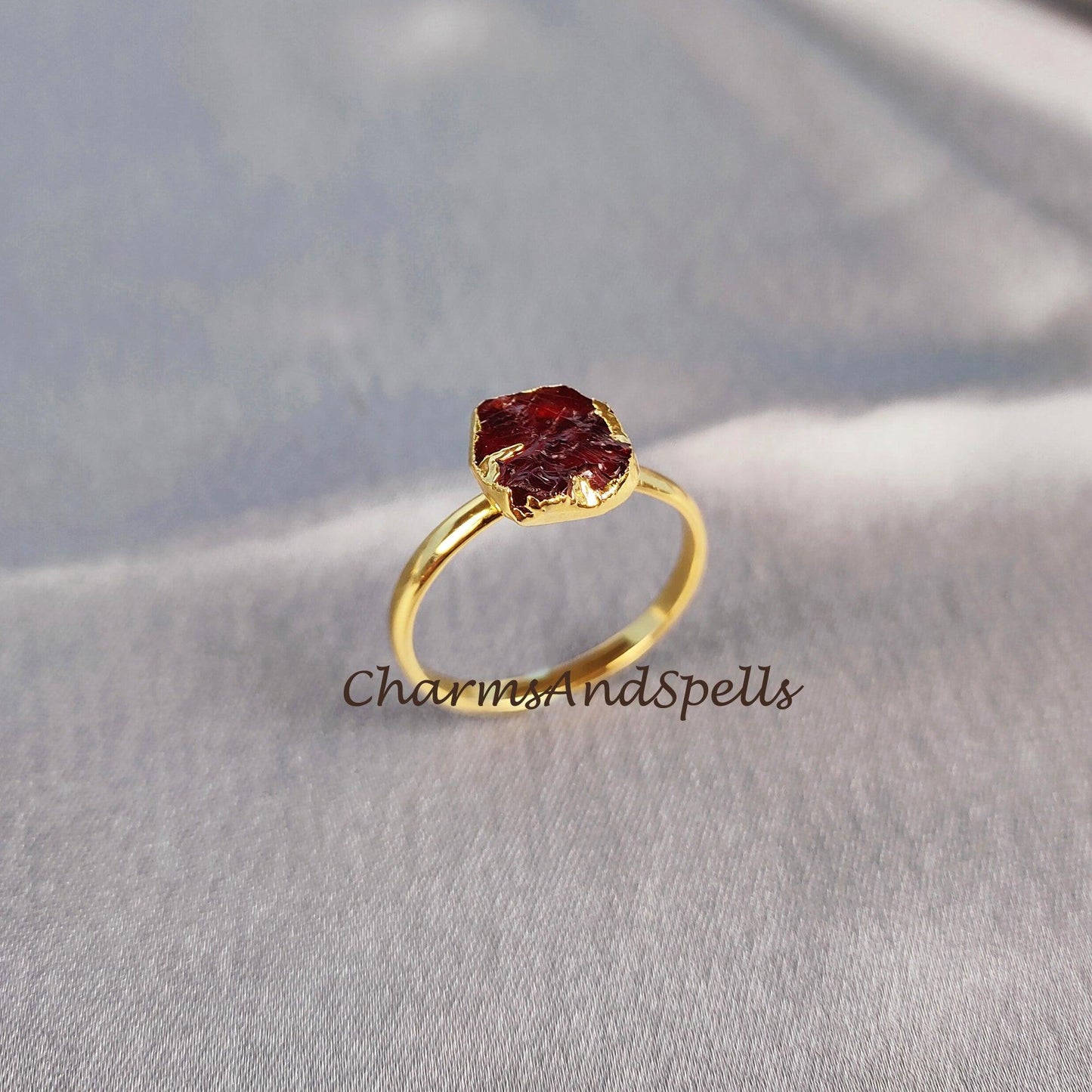 Natural Garnet Ring, Garnet Electroplated Ring, Gift for Her, Raw Stone Jewelry, Raw Stone Ring, Birthstone, Unisex Ring - Charms And Spells