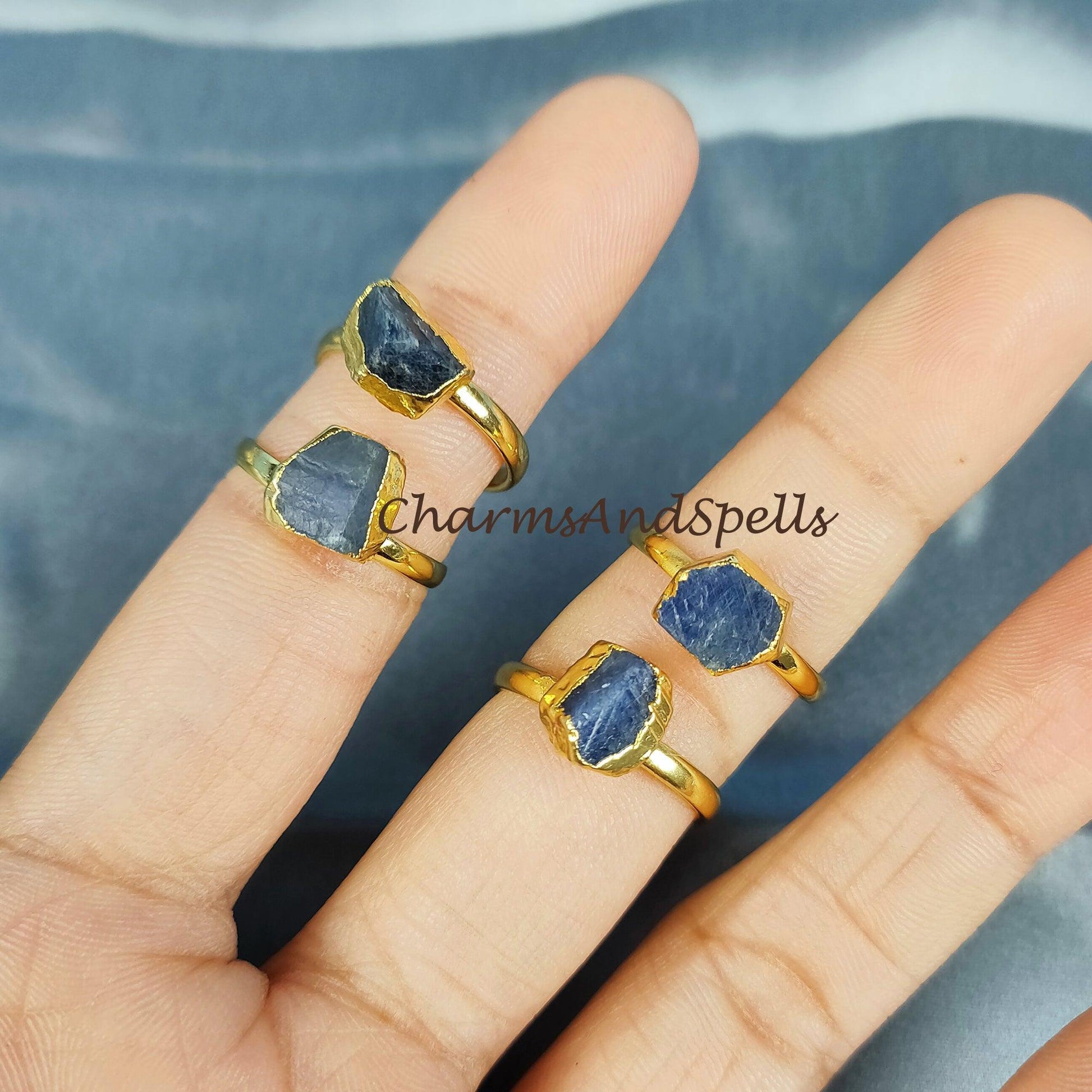 Natural Sapphire Ring, 14K Gold Plated Ring, Electroplated Ring, Raw Sapphire Ring, Statement Ring, Unique Ring - Charms And Spells