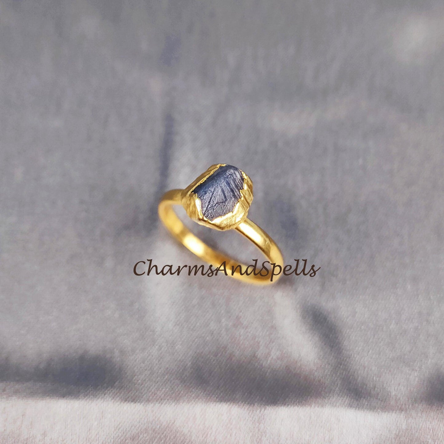 Natural Sapphire Ring, 14K Gold Plated Ring, Electroplated Ring, Raw Sapphire Ring, Statement Ring, Unique Ring - Charms And Spells