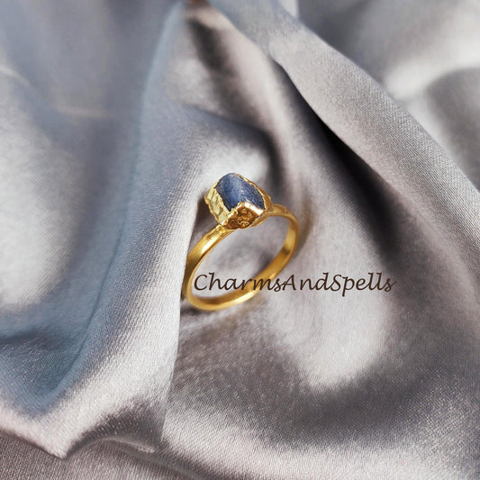 Natural Sapphire Ring, 14K Gold Plated Ring, Electroplated Ring, Raw Sapphire Ring, Statement Ring, Unique Ring - Charms And Spells